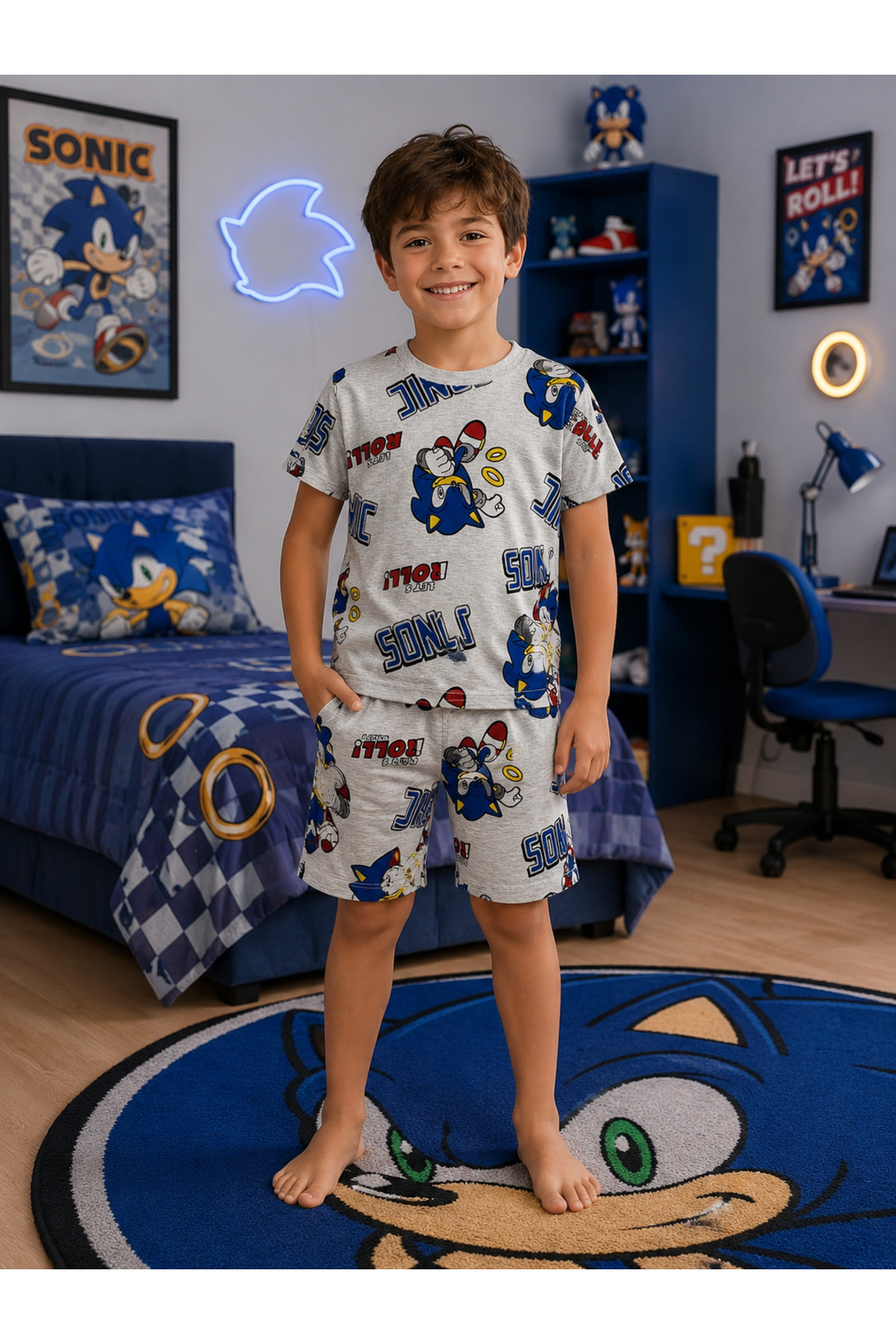 deve kids Boys Cotton Thin Summer Fabric Gray Color Hedgehog Patterned Short Sleeve Shorts Pajama Set