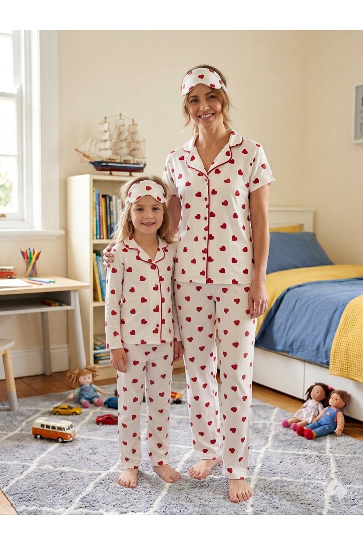tusem butik homewear Mother-Daughter Children's Cotton White Heart Patterned Shirt Collar Buttoned Short Sleeve Pajama Set