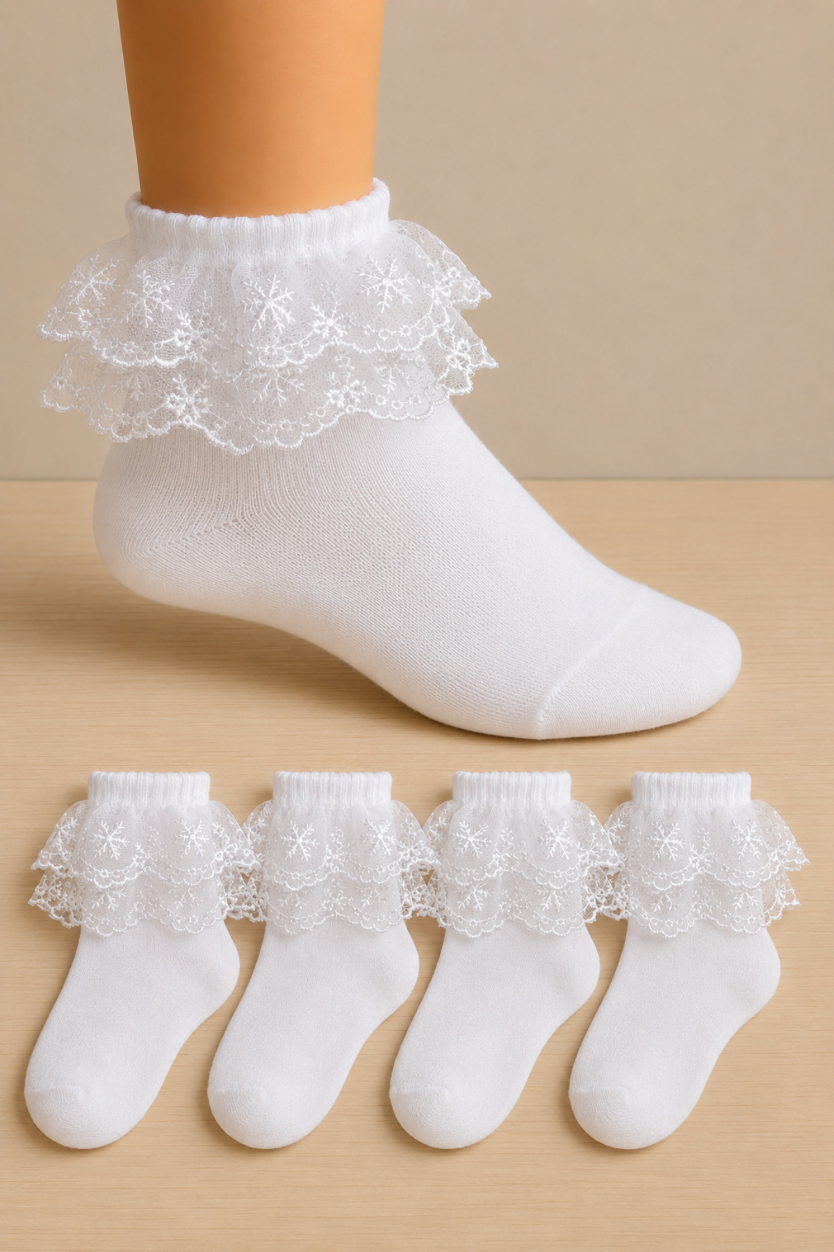 4 Pairs of Lace White Girls Socks