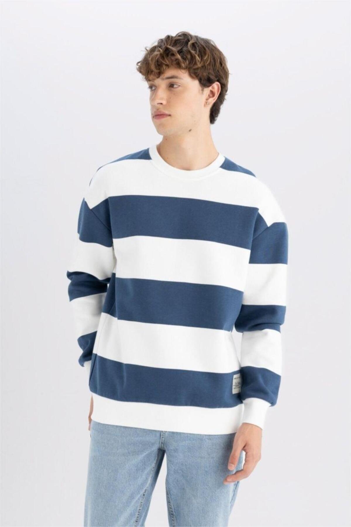 DeFacto Boxy Fit Bisiklet Yaka Çizgili Sweatshirt A9066AX24AU görsel 7