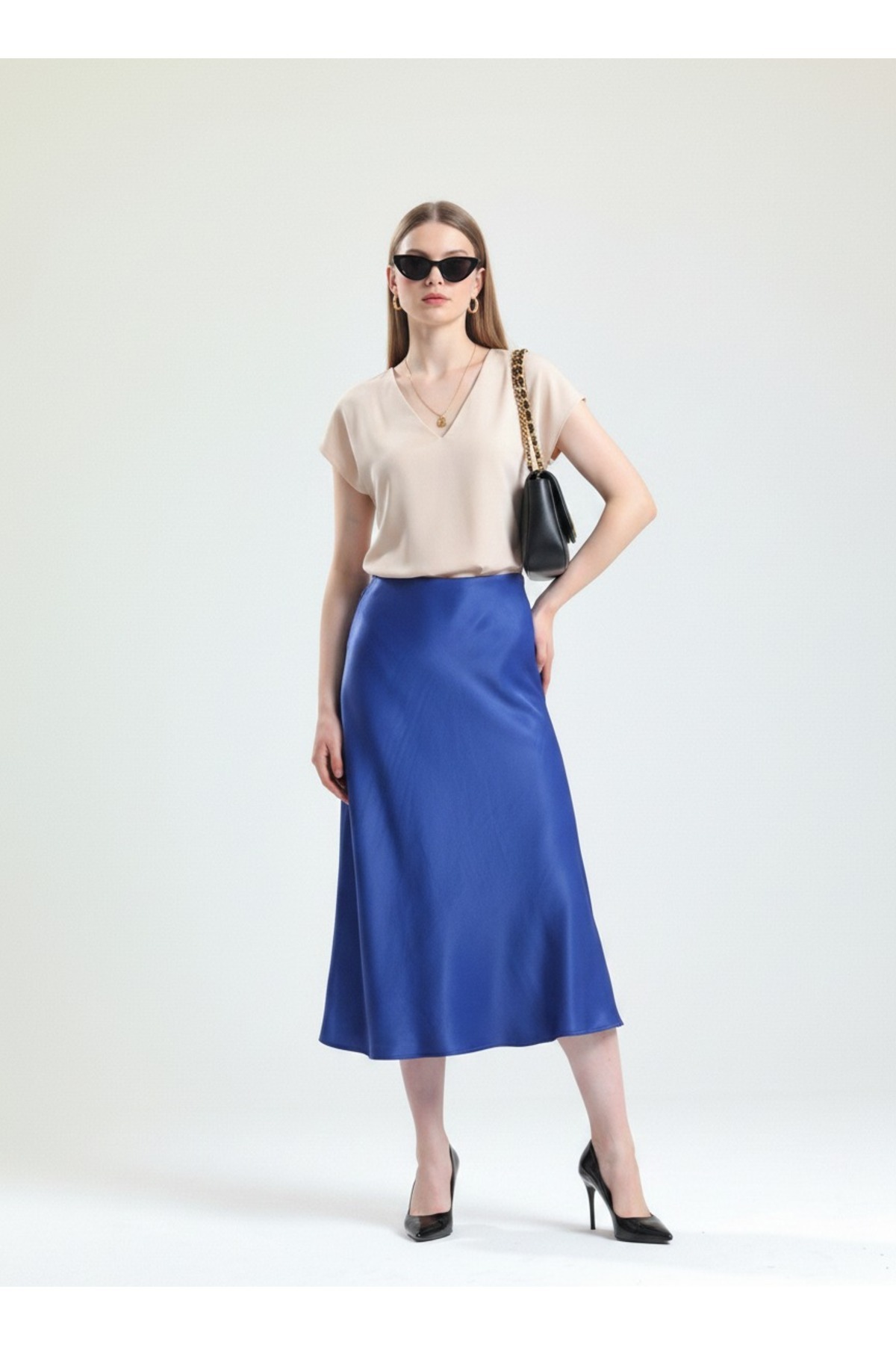 Crayon Viscose Satin Fabric Navy Blue Midi Size Skirt