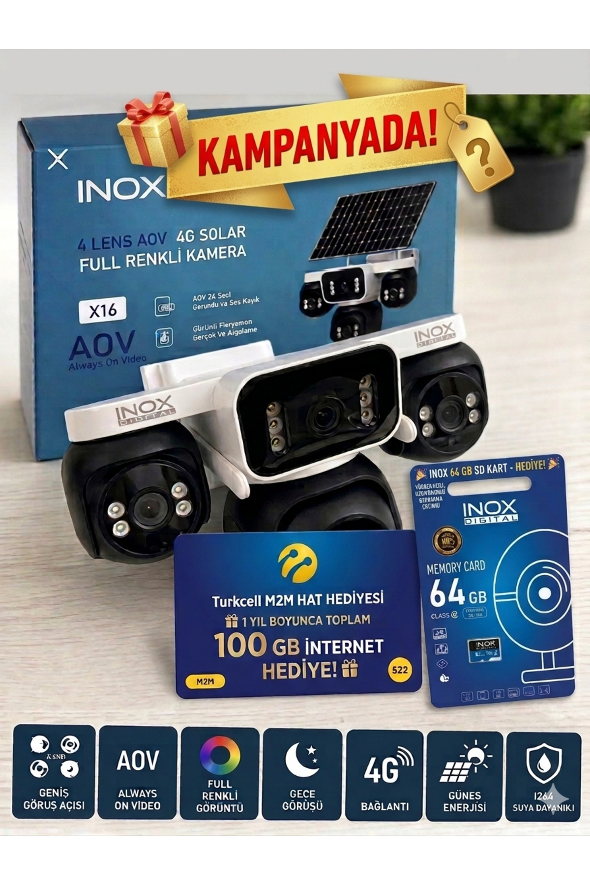 Teknoevstore İnox x16 Üst Sınıf 4 Lens 4G Solar Güvenlik Kamerası – Full Renk Gece Görüşlü Profesyonel Seri
