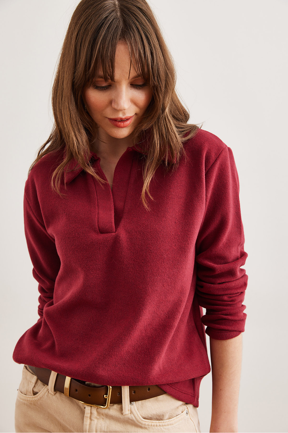 Olalook Kadın Bordo Polo Yaka Selanik Bluz BLZ-19002810 görsel 5
