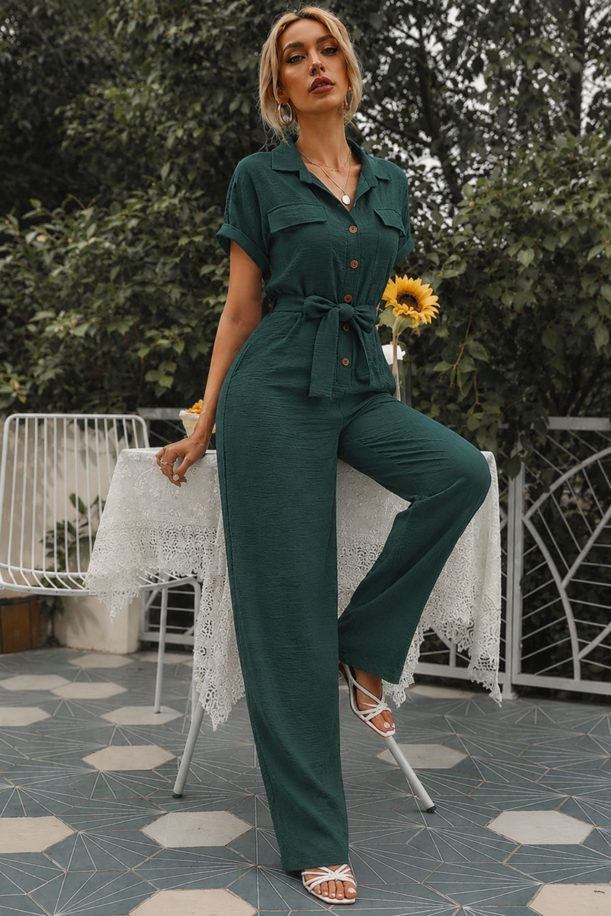 Women's Dark Green Buttoned Front Waist Belted Pocket Bat Sleeve Palazzo Romper ARM-24Y001105