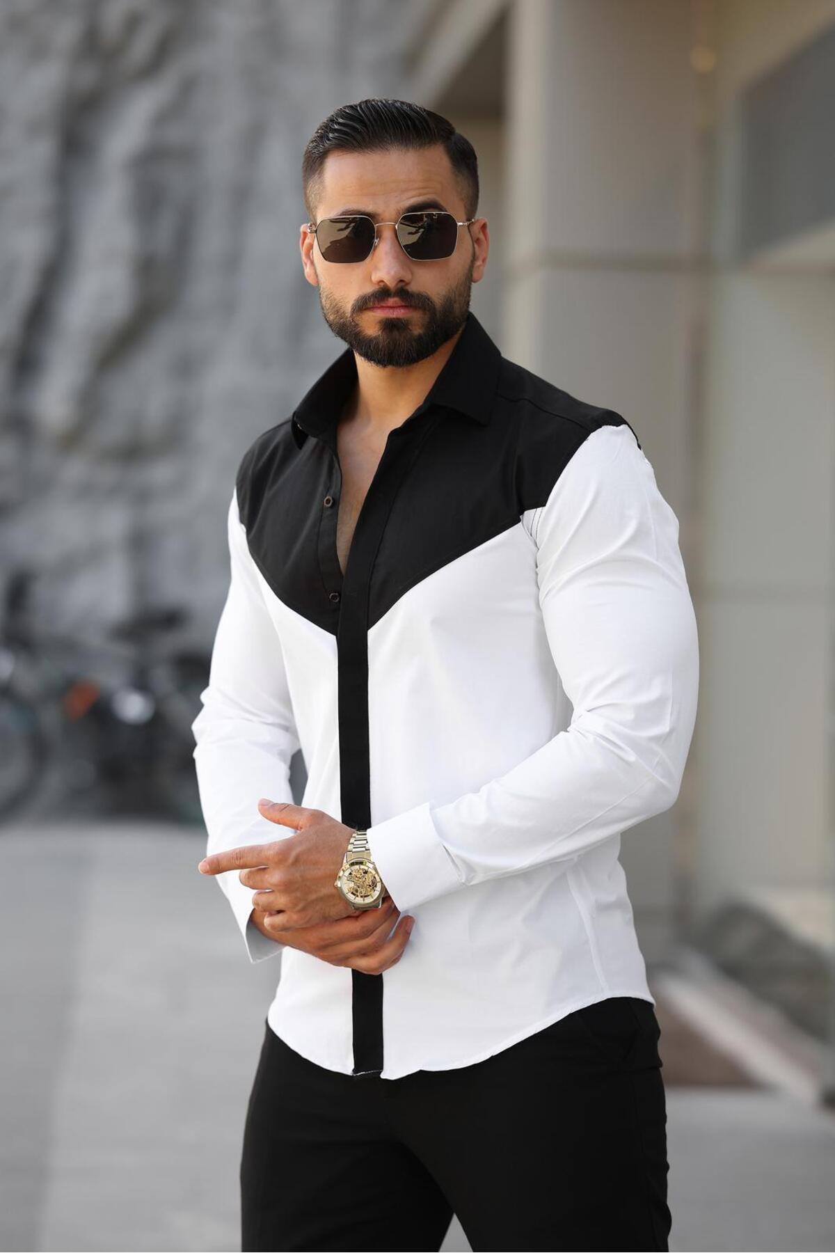 Beyaz Siyah V Blok Renk Geçişli Slim Fit Uzun Kollu Likralı Erkek Gömlek — سفید BAYIM LİKRALI — تصویر 3 از 5
