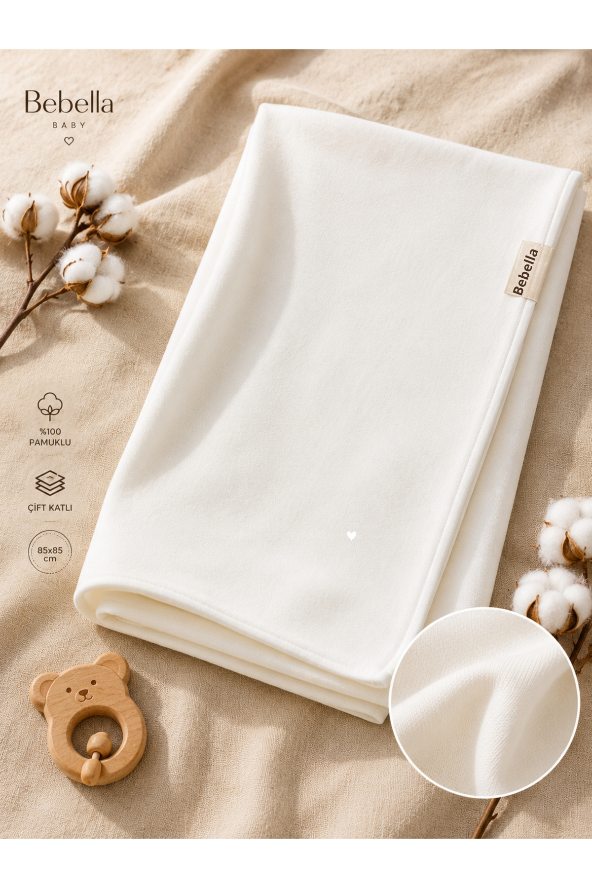 Bebella Ecru Unisex Baby Blanket 100% Cotton Double-Layer Double-Sided Gift M...