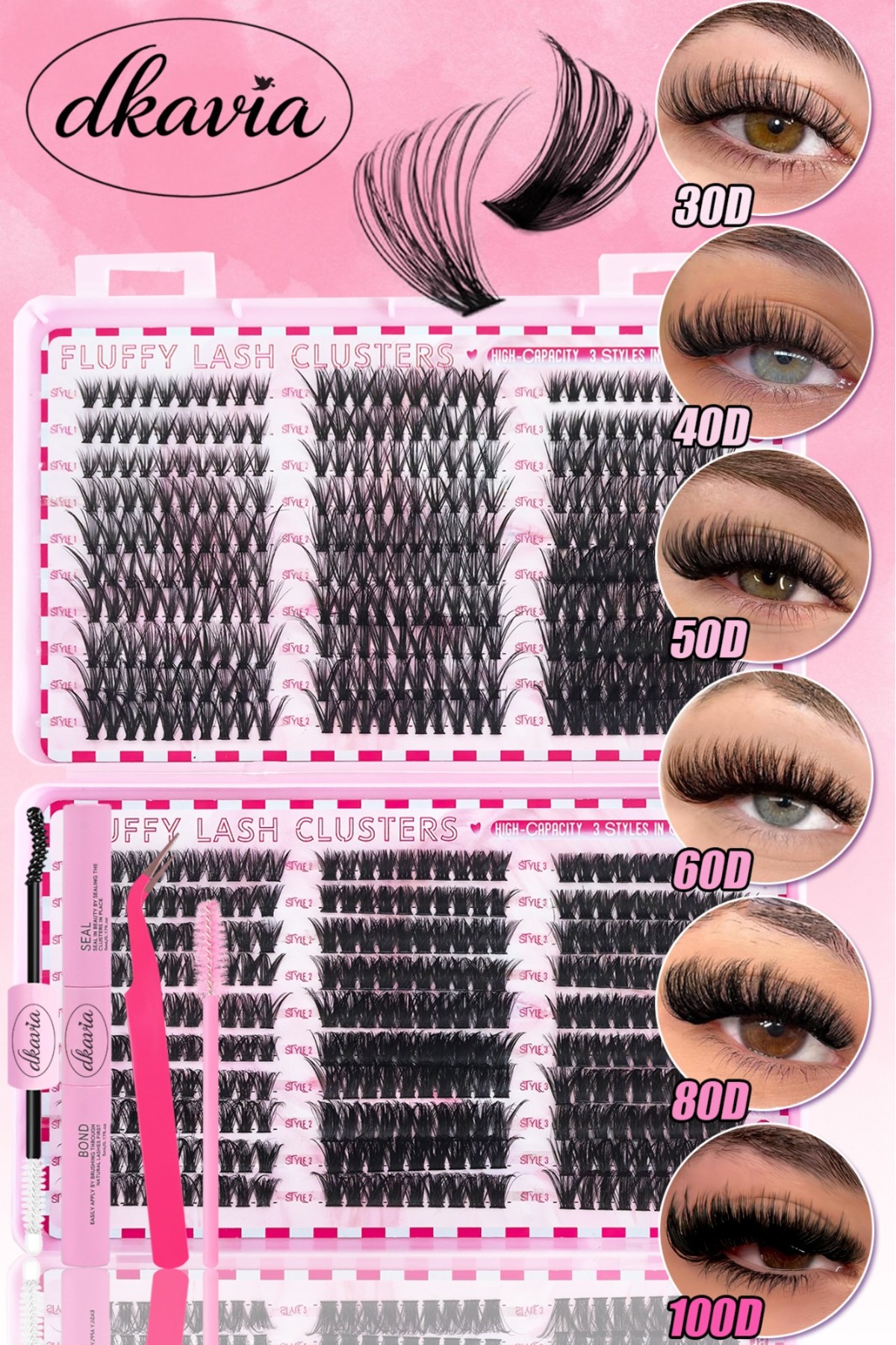 Takma Kirpik Seti 600 Demet Kirpik, Yapıştırıcı, Sabitleyici, Cımbız ve Fırçasıyla (30-40-50-60-80-100D) — DK2602