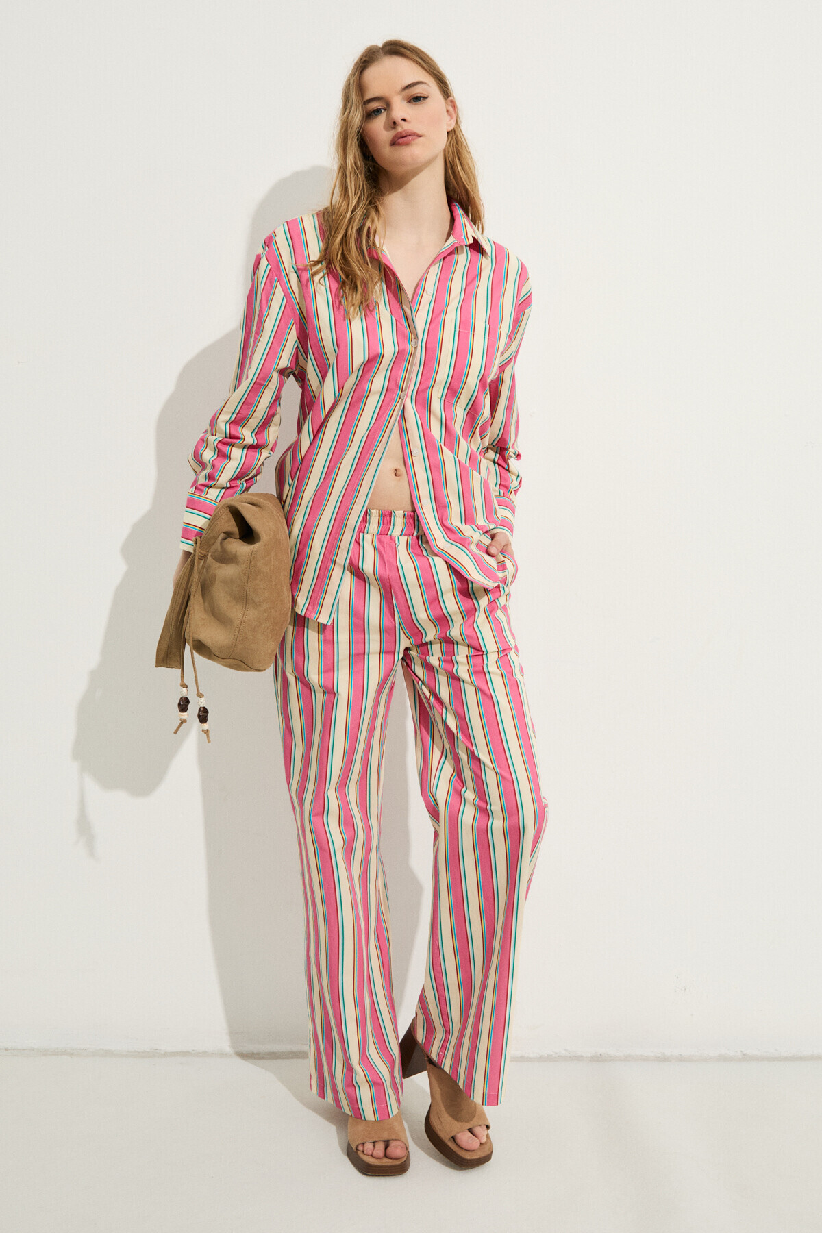 GRIMELANGE MIREL Kadın Oversize Fit %100 Organik Pamuklu Pembe Çizgili Gömlek görsel 2