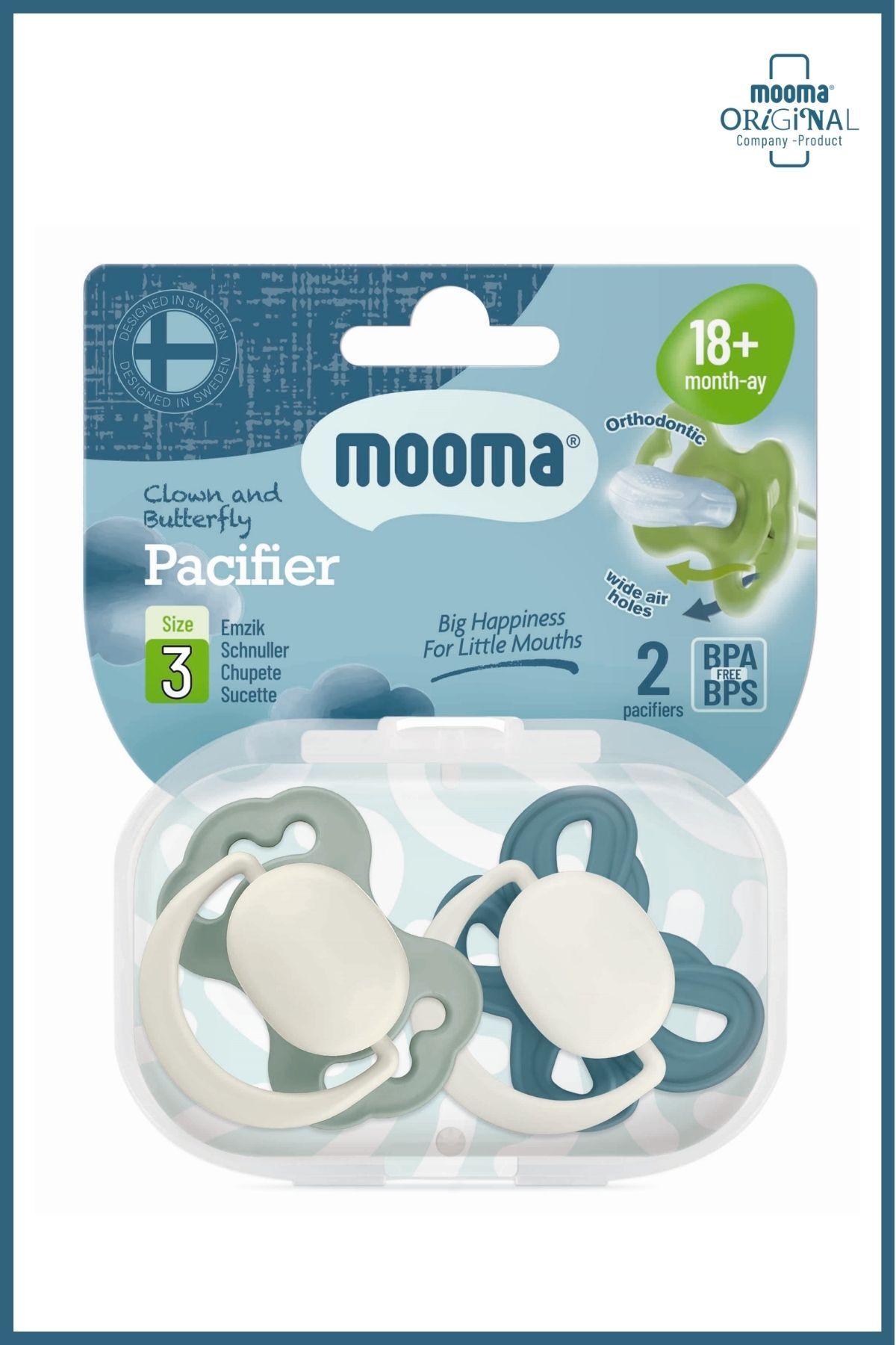 MOOMA Clown & Butterfly Silikon Emzik 2’li No:3 (18 Ay+) Ball Blue & River Green Saklama Kabı Hediyeli