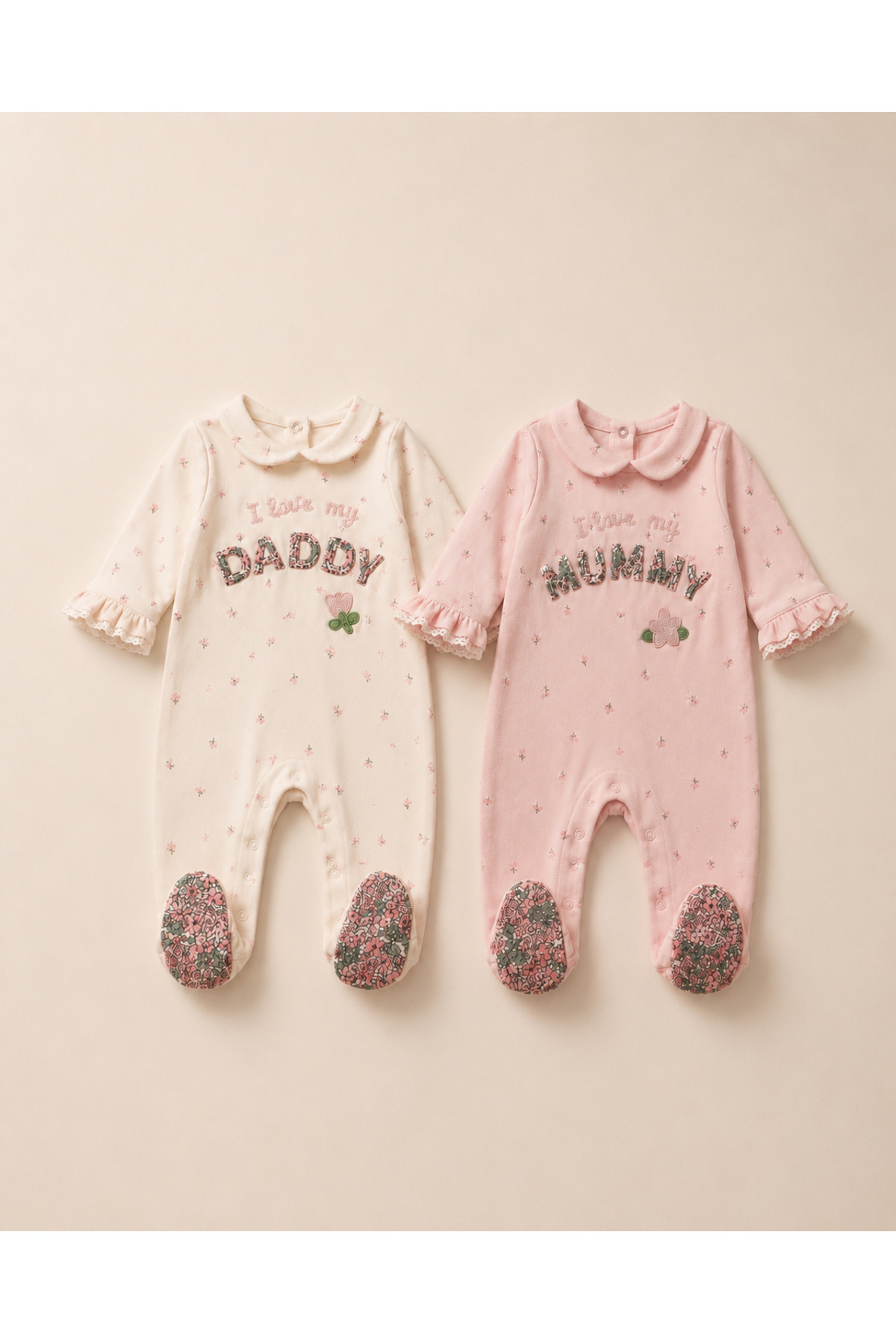 My Babies Label Mommy & Daddy Embroidery Detailed 2-Piece Baby Romper Set
