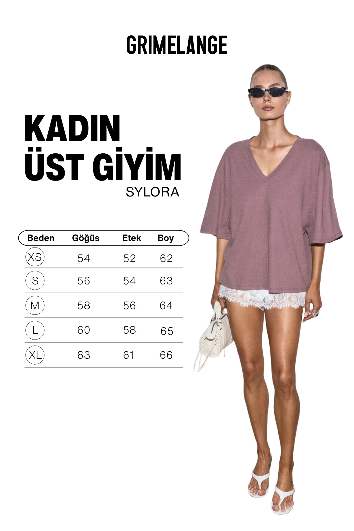 GRIMELANGE  SYLORA Kadın Organik Pamuklu Keten Karışımlı V Yakalı Rahat Kalıp Mürdüm T-Shirt - Görsel 6