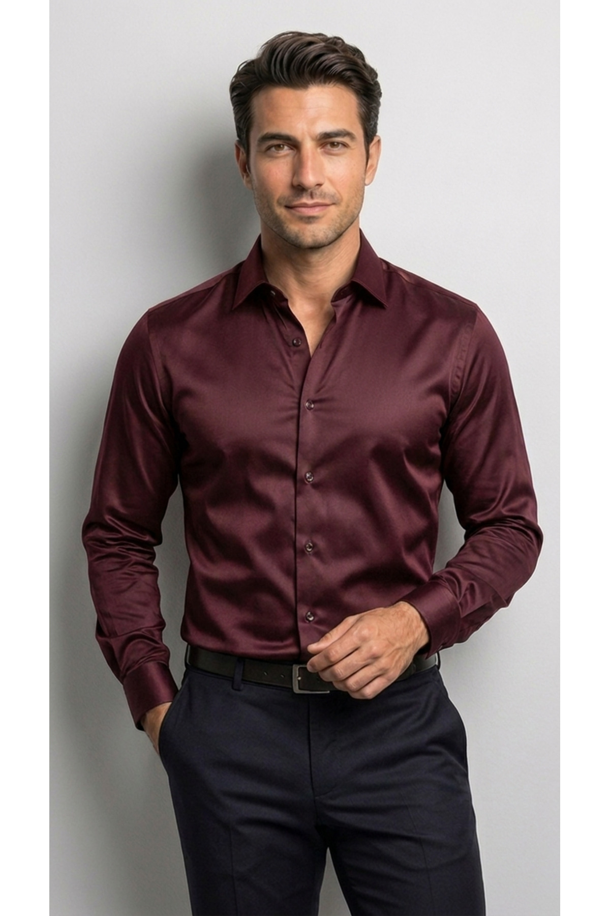 viyamen Erkek Slim Fit Klasik Saten Gömlek Uzun Kollu Modern Kesim görsel 4