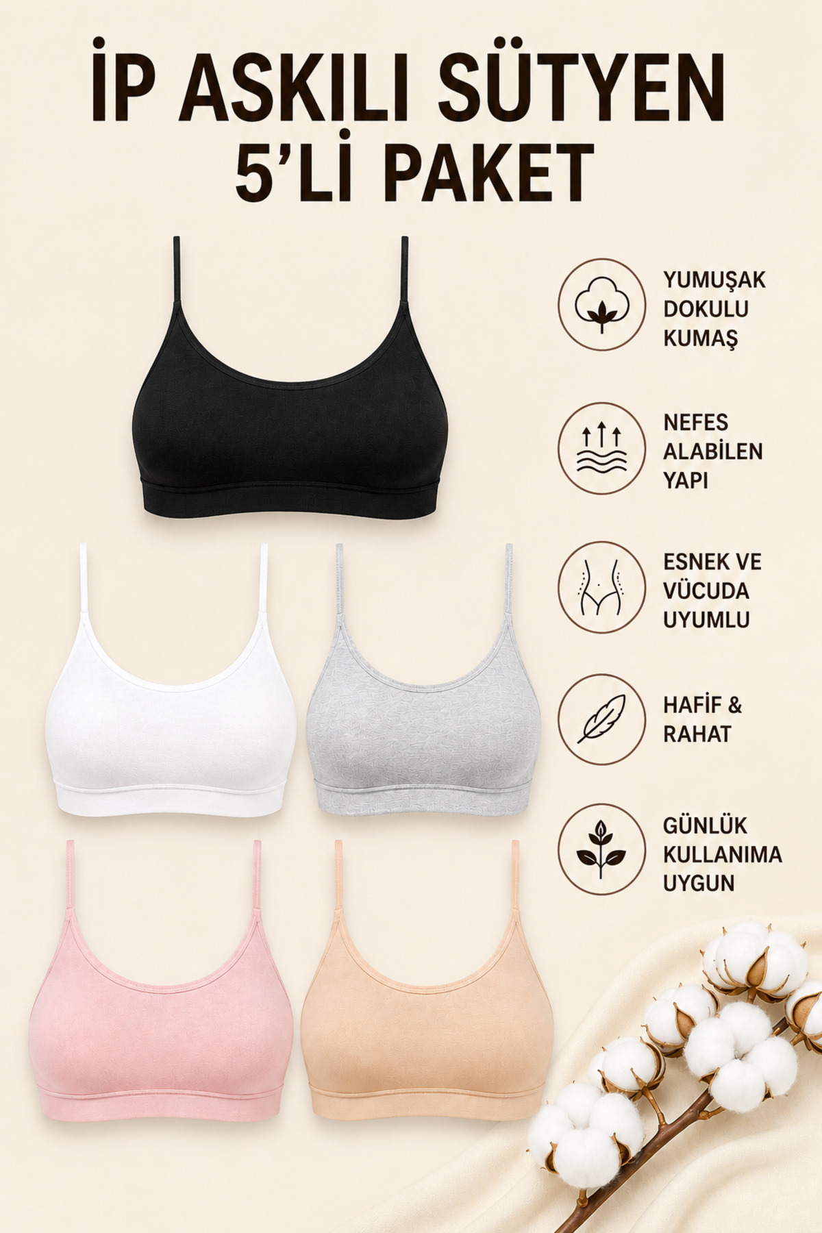 Mudcosıo Kadın İp Askılı Pedli Sütyen 5'li Paket Pamuklu Esnek Rahat Bralet Sporcu Sütyen