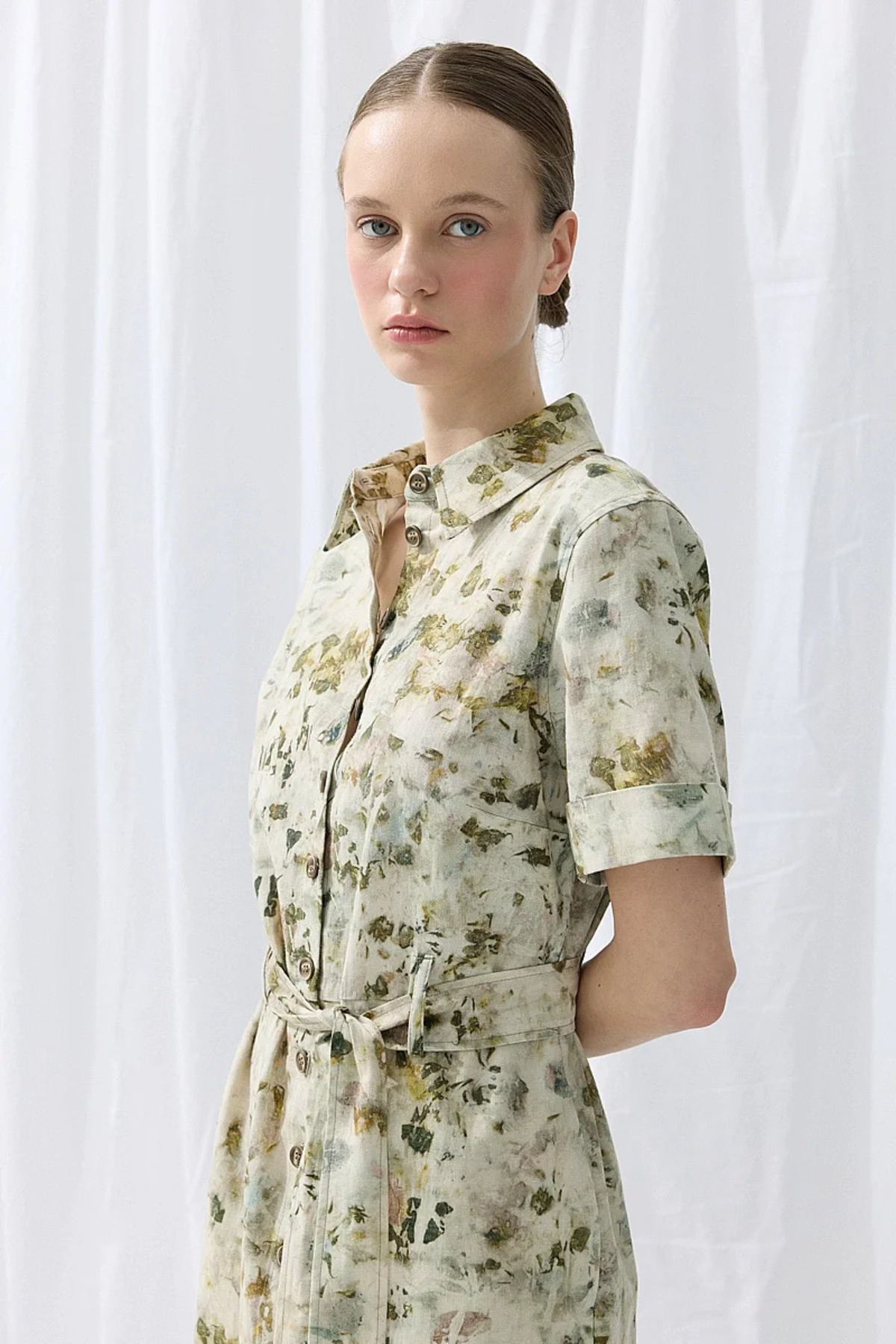 Gusto İz Koleksiyonu Eco Print Keten Midi Gömlek Elbise - Yeşil görsel 5