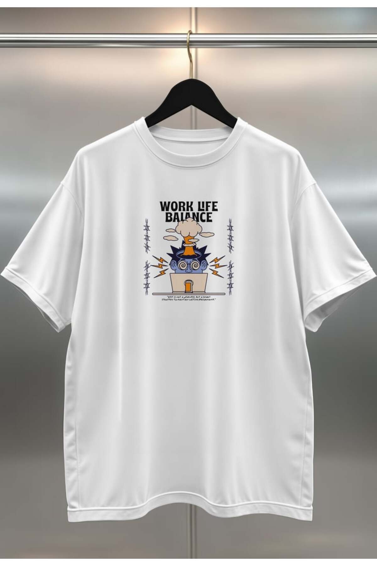 buzagi Work Life Balance Digital Print Oversize White Unisex T-Shirt