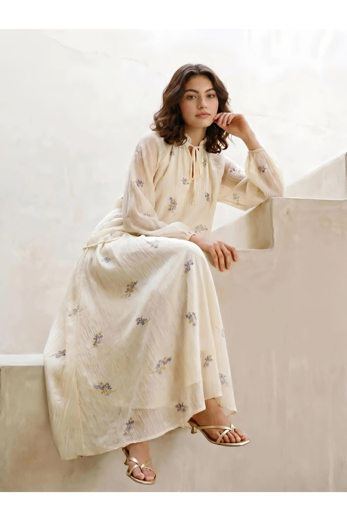 Styli Off White Embroidered Tie-Up Neck Blouse