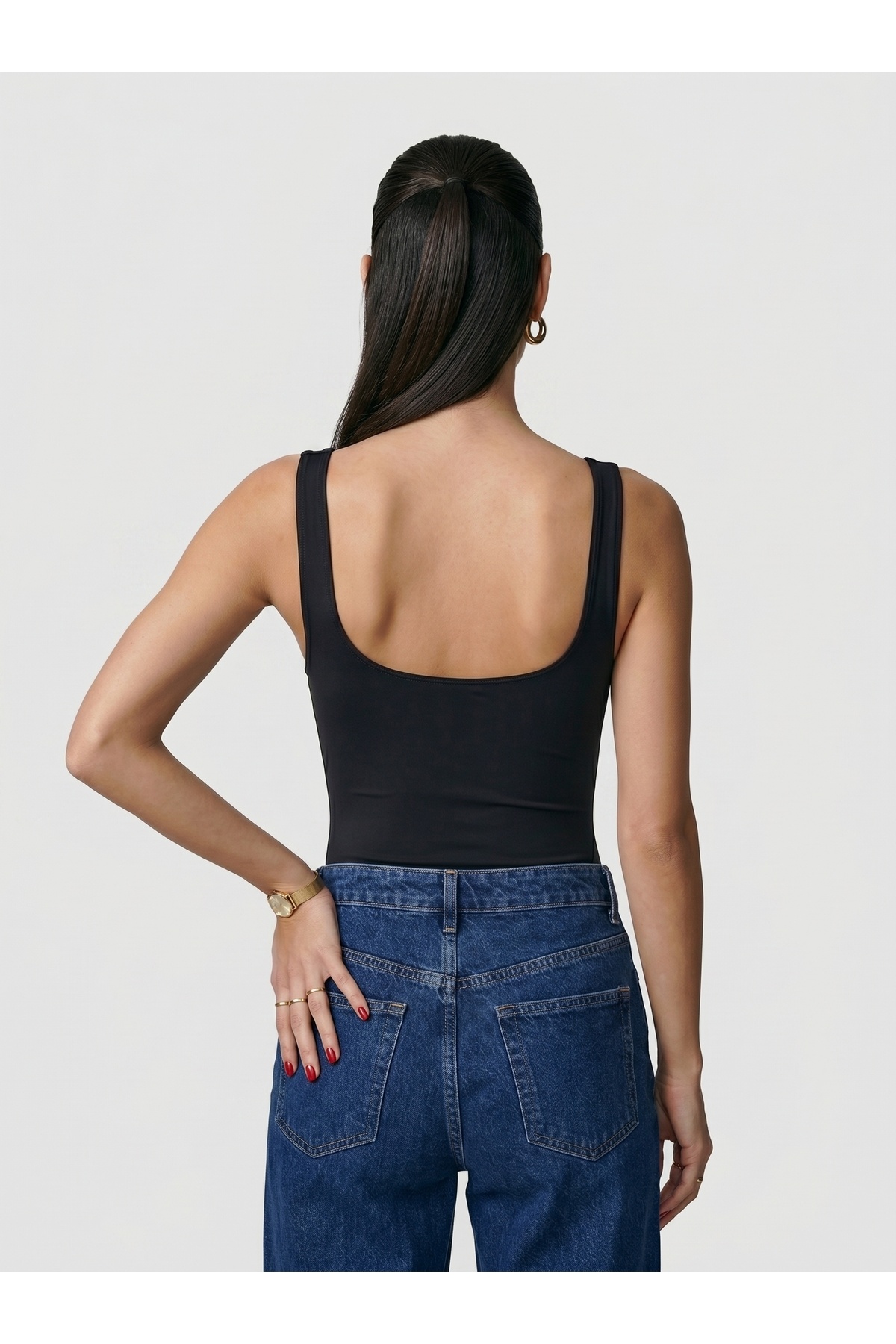 Kadın Kare Yaka Kalın Askılı Çıtçıtlı Body Slim Fit Dar Kalıp Likralı Bodysuit - Siyah 4