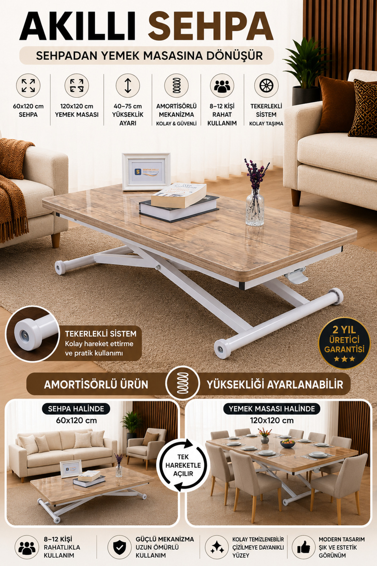 Akıllı Sehpa Home Üst Tabla Mdf Antiklayt Oval Köşe Alt Mekanizma Beyaz Renk
