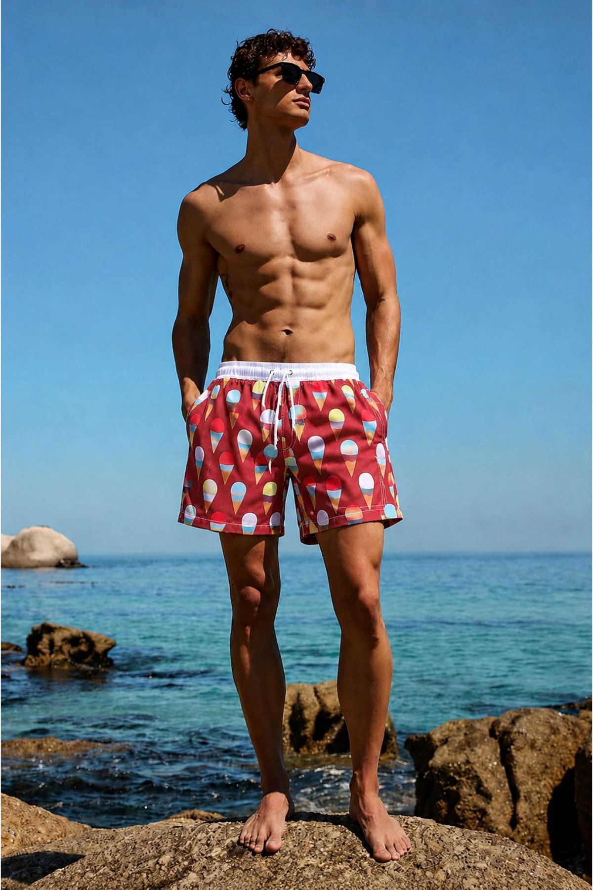 Madmext Printed Claret Red Swim Shorts 2639