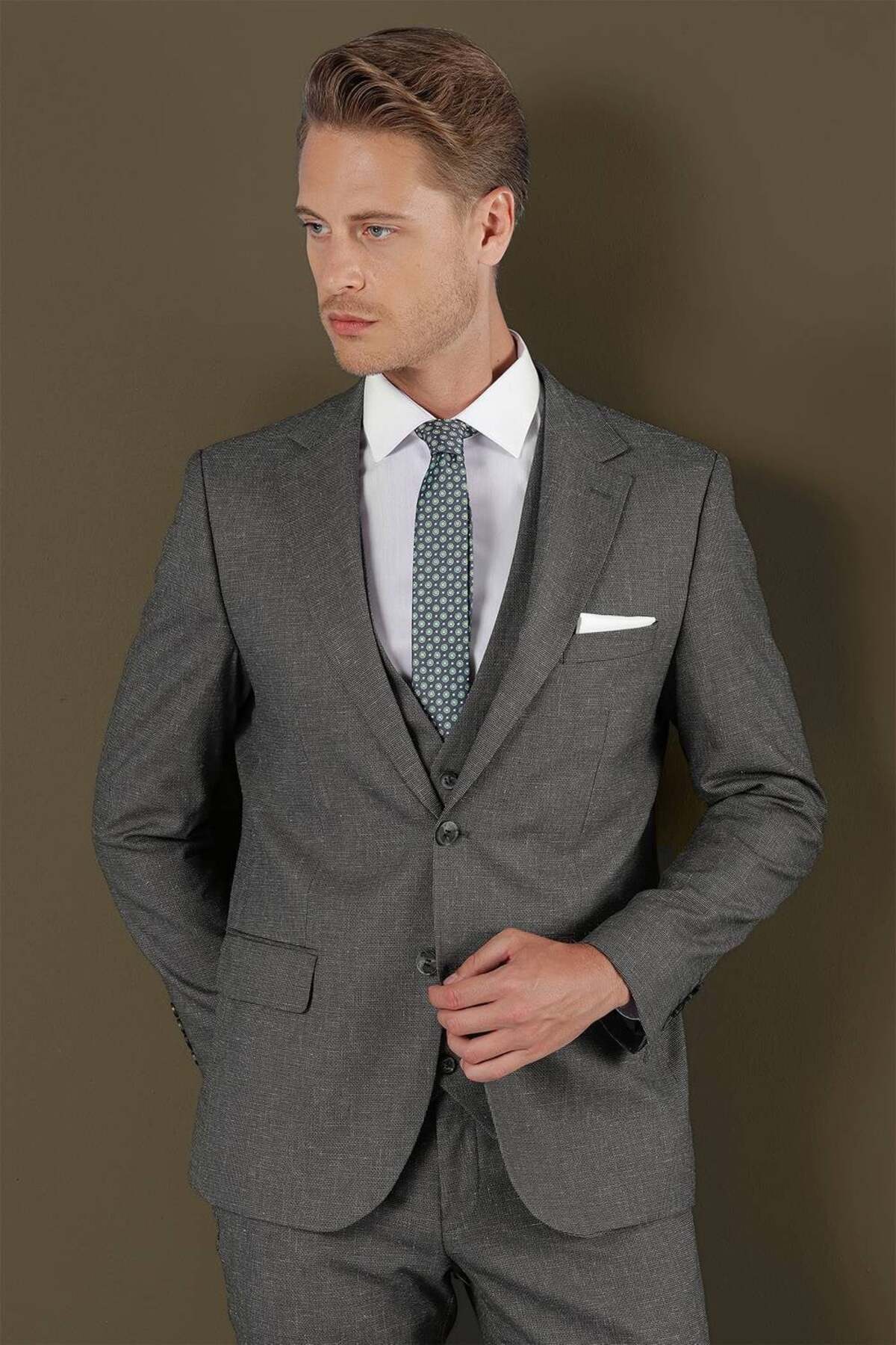 Slim Fit Mono Collar Textured Dark Grey Vest Suit TK 873 — رنگارنگ TK873Y1122 — تصویر 8 از 8