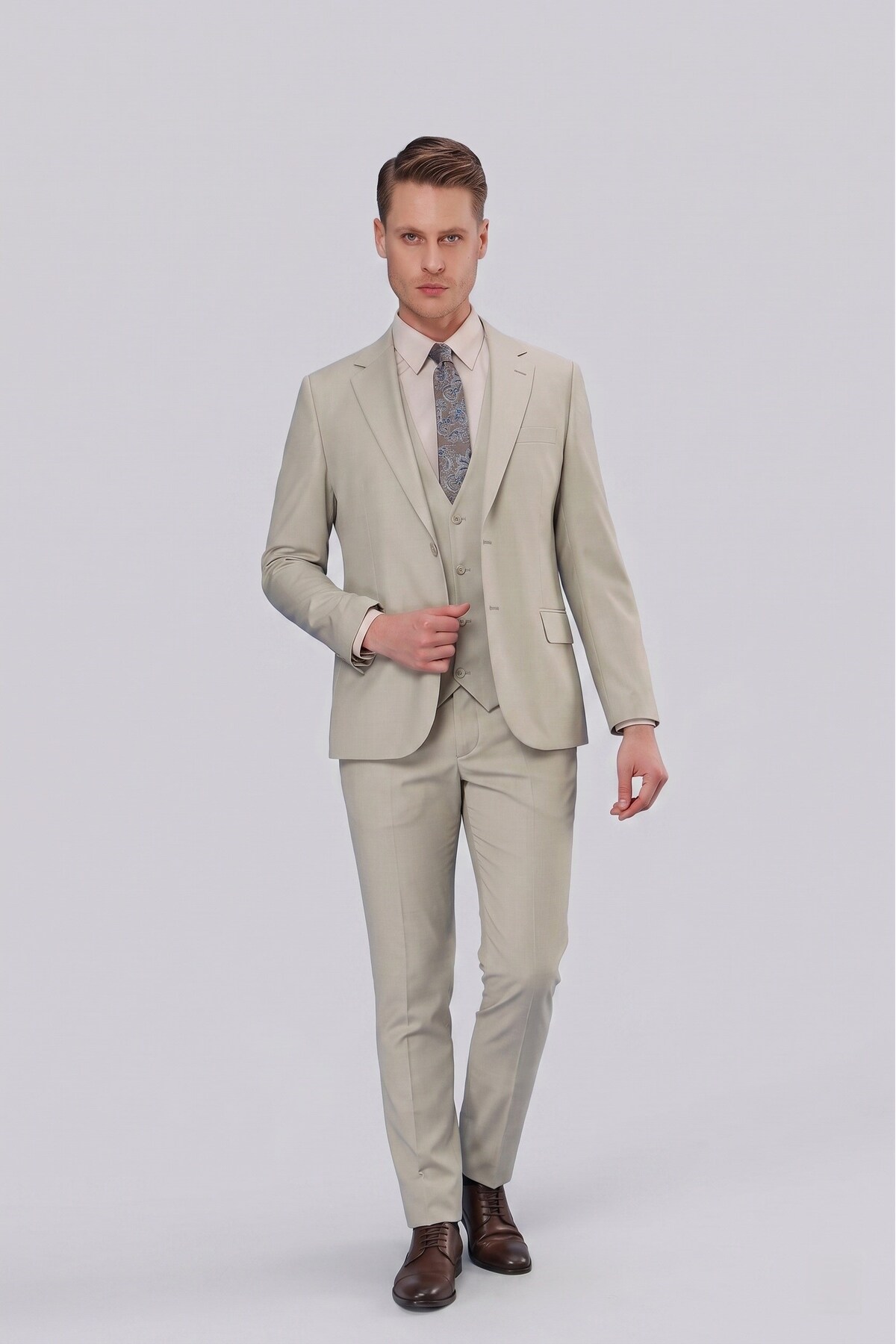 Efor Erkek Slim Fit Mono Yaka Düz Çağla Yelekli Takım Elbise TK 871