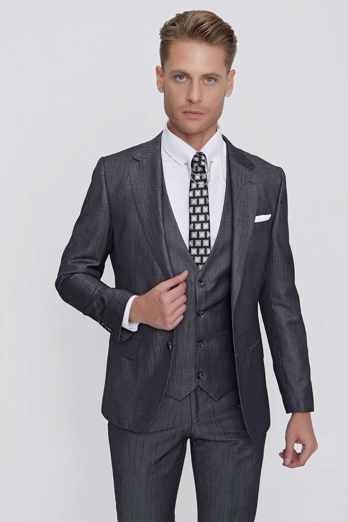 Efor Slim Fit Çift Yırtmaç Doku Desenli Antrasit Yelekli Takım Elbise TK 858 görsel 5