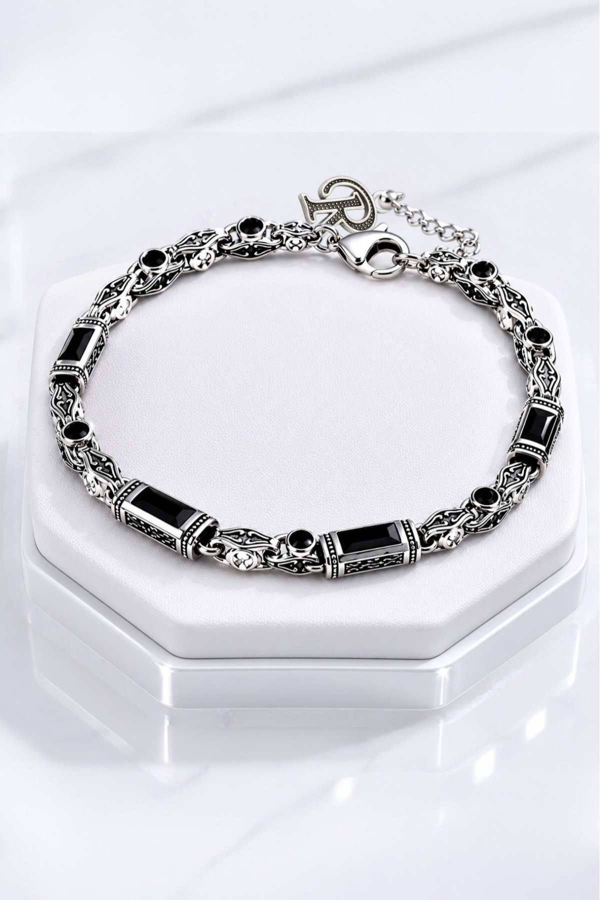 Rhodium Silver Plated B-102 Chromix Steel Men's Bracelet 3+1 Engraved Authentic Black Zircon Gemstone Letters 5 mm Thickness