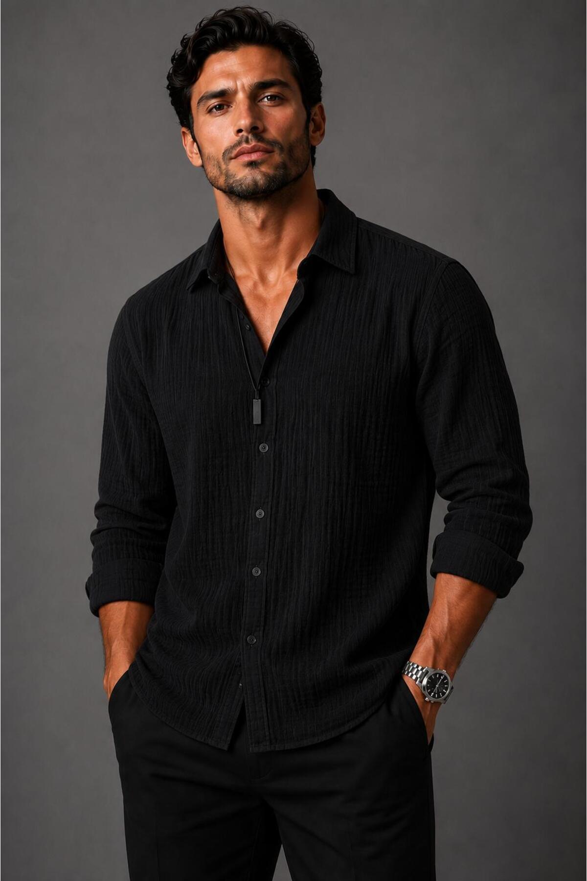 LUPERCUS Men's Black Muslin Shirt with Long Sleeves 100% Cotton