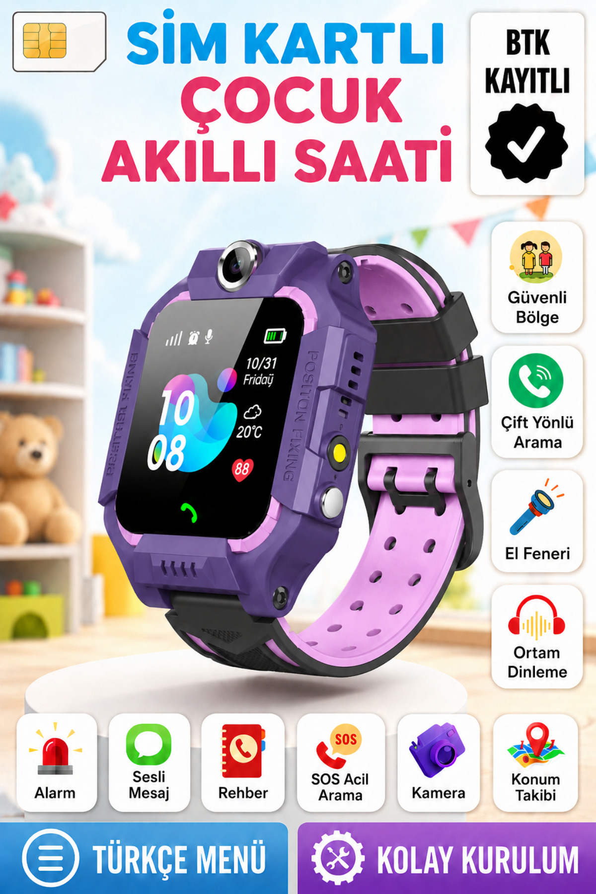 Smart Kids Watch Compatible Sim Card And Lbs Location Feature Recorded Voice Call Live Tracking