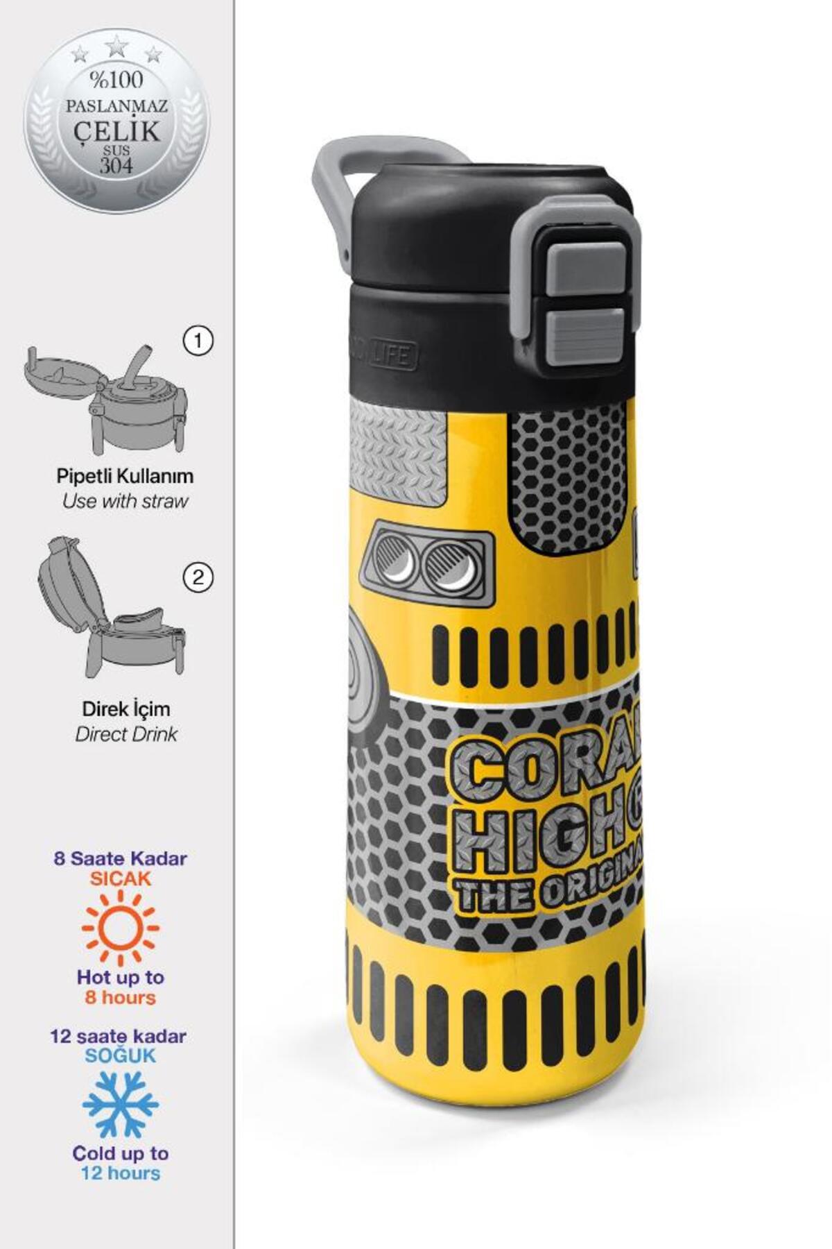 Kids Sarı Siyah Robot Desenli Pipetli ve Direkt İçim Çelik Termos 500 ml 31862