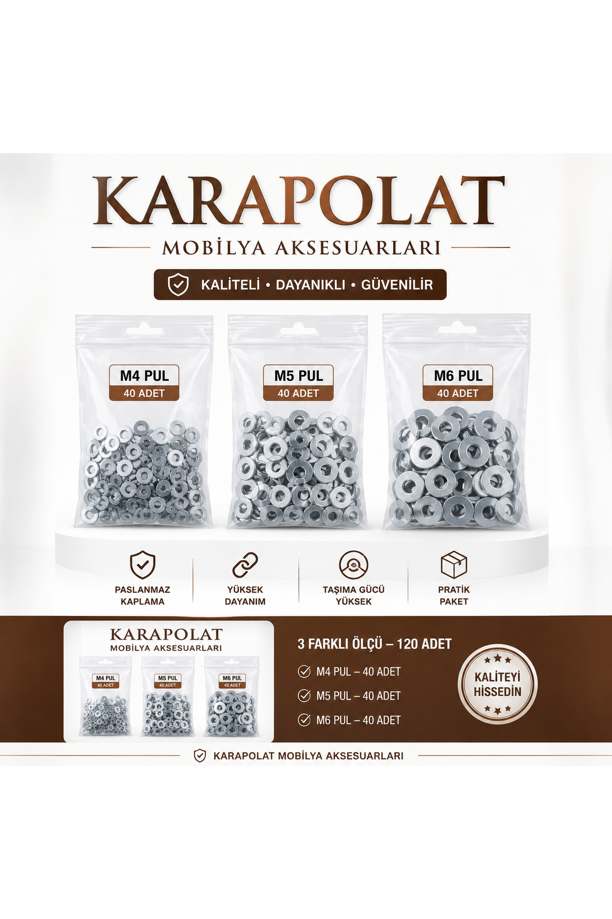 KARAPOLAT Metal Vida Pulu 3’lü Set | Çelik Düz Pul | Vida Rondelası | Mobilya ve Montaj İçin