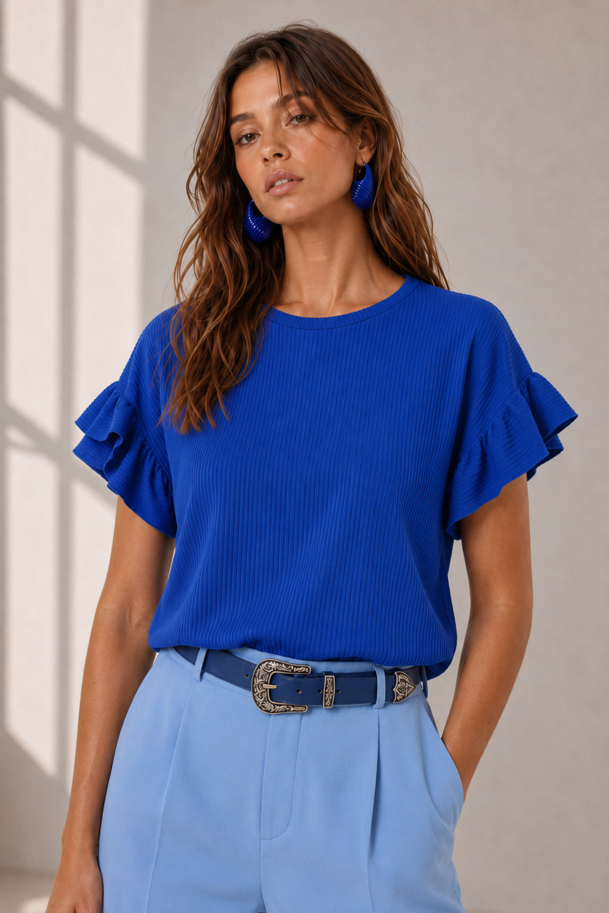 Olalook Női Saks kék fodros ujjú camisole póló TSH-19000417