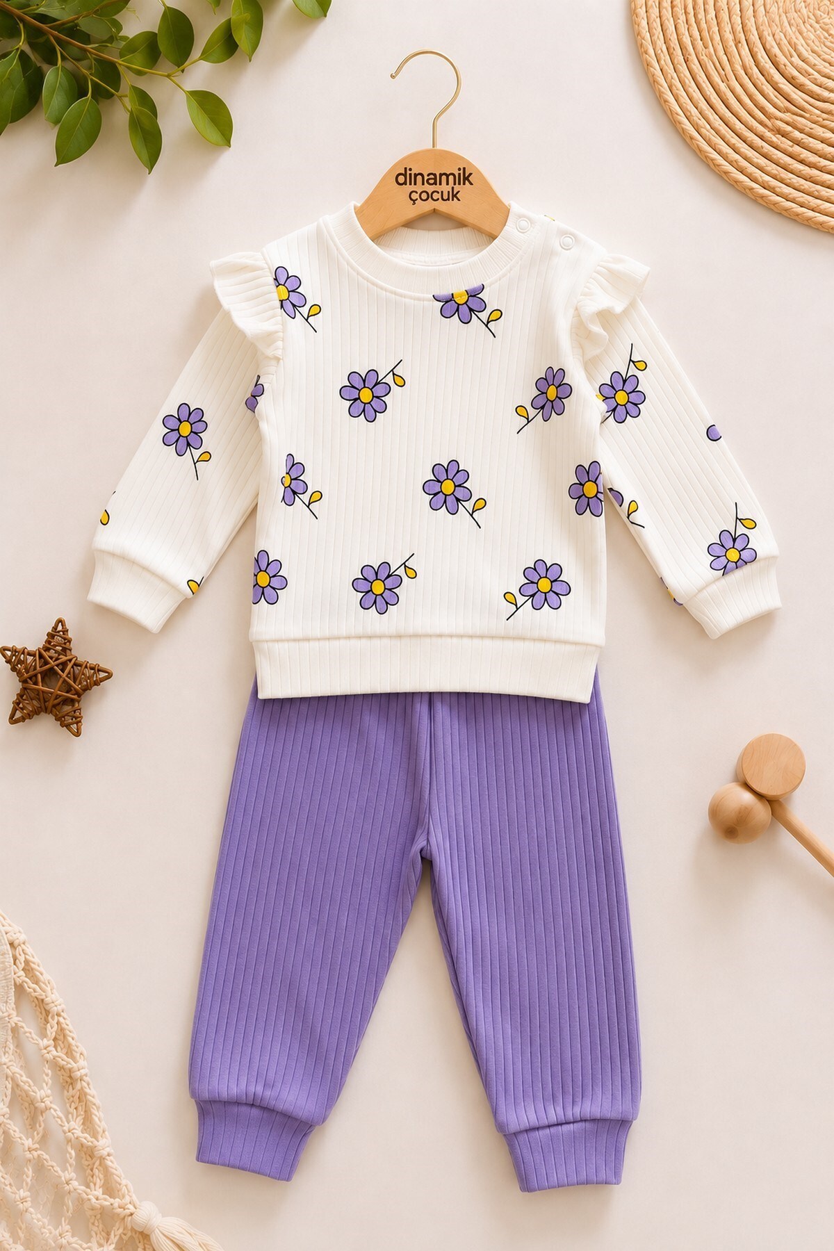Daisy Reported Ribbed Sleeve Detailed Baby Girl Set Monthly Seasonal 2pcs Top and Bottom 3-6-9-12months