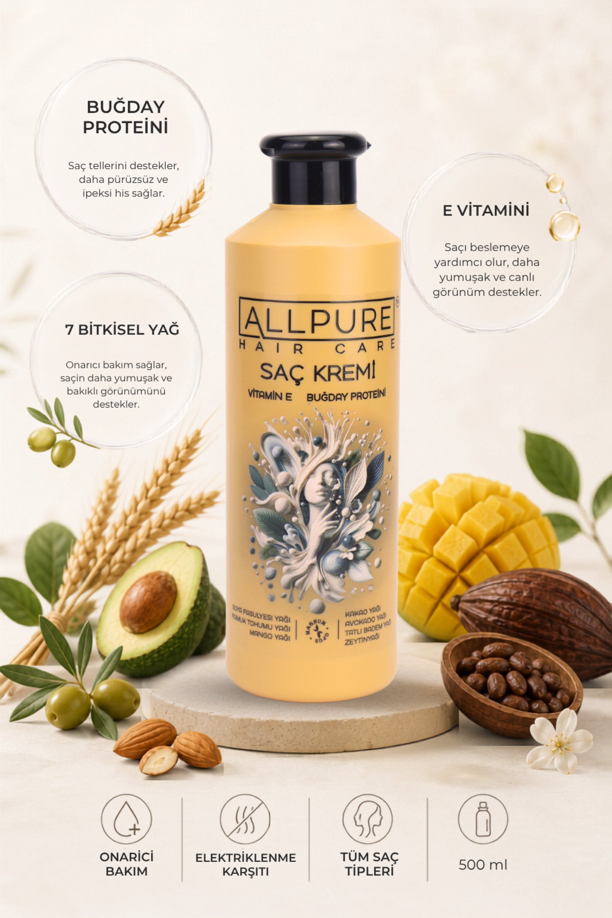 SAÇ KREMİ (500 ml 7 YAĞ ve E VİTAMİNİ İçeren Onarıcı Bakım-İpeksi Görünüm) — ALL-SK-01 — تصویر 2 از 8