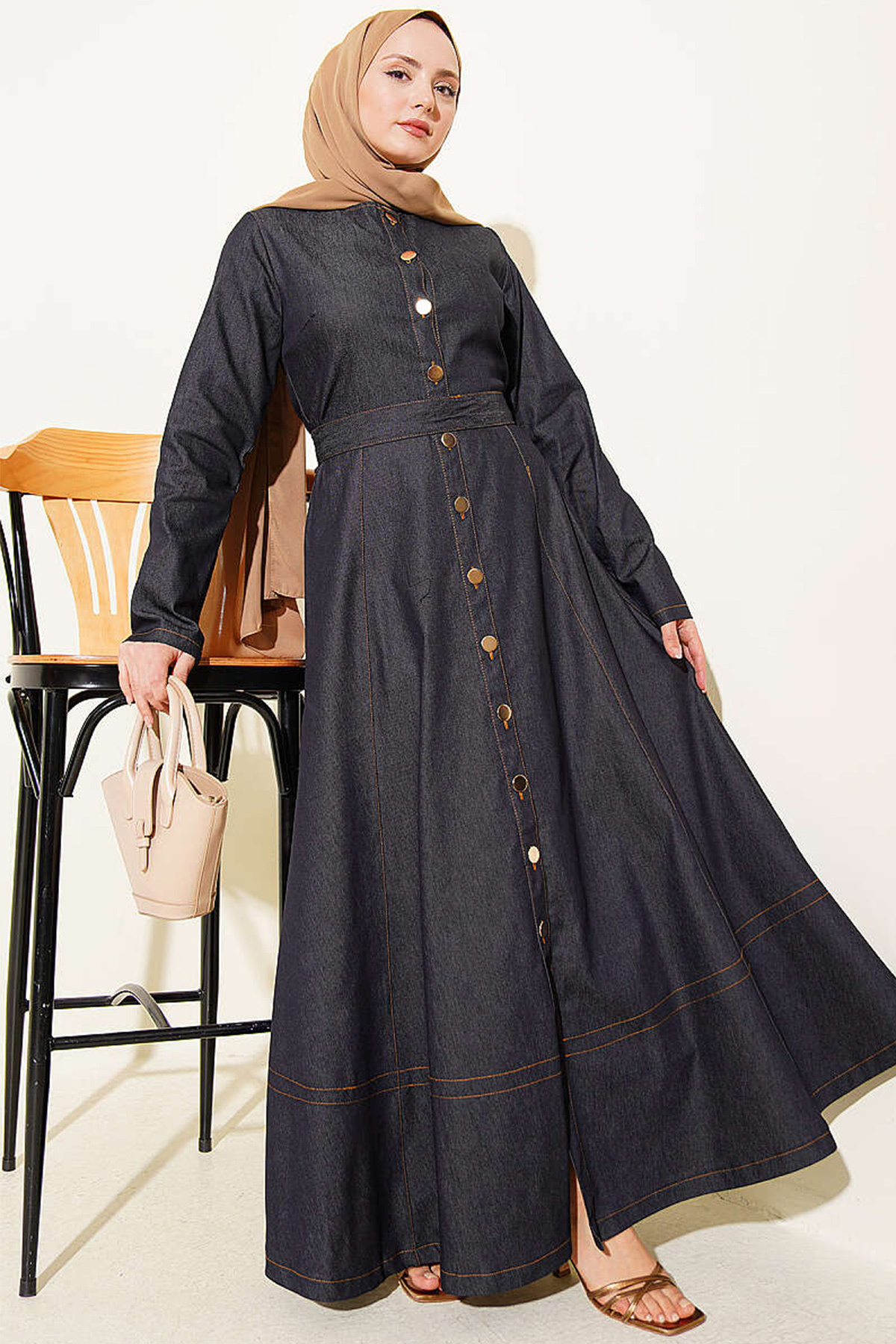 Bigdart Women's Belted Long Denim Dress 2595 - Navy Blue
