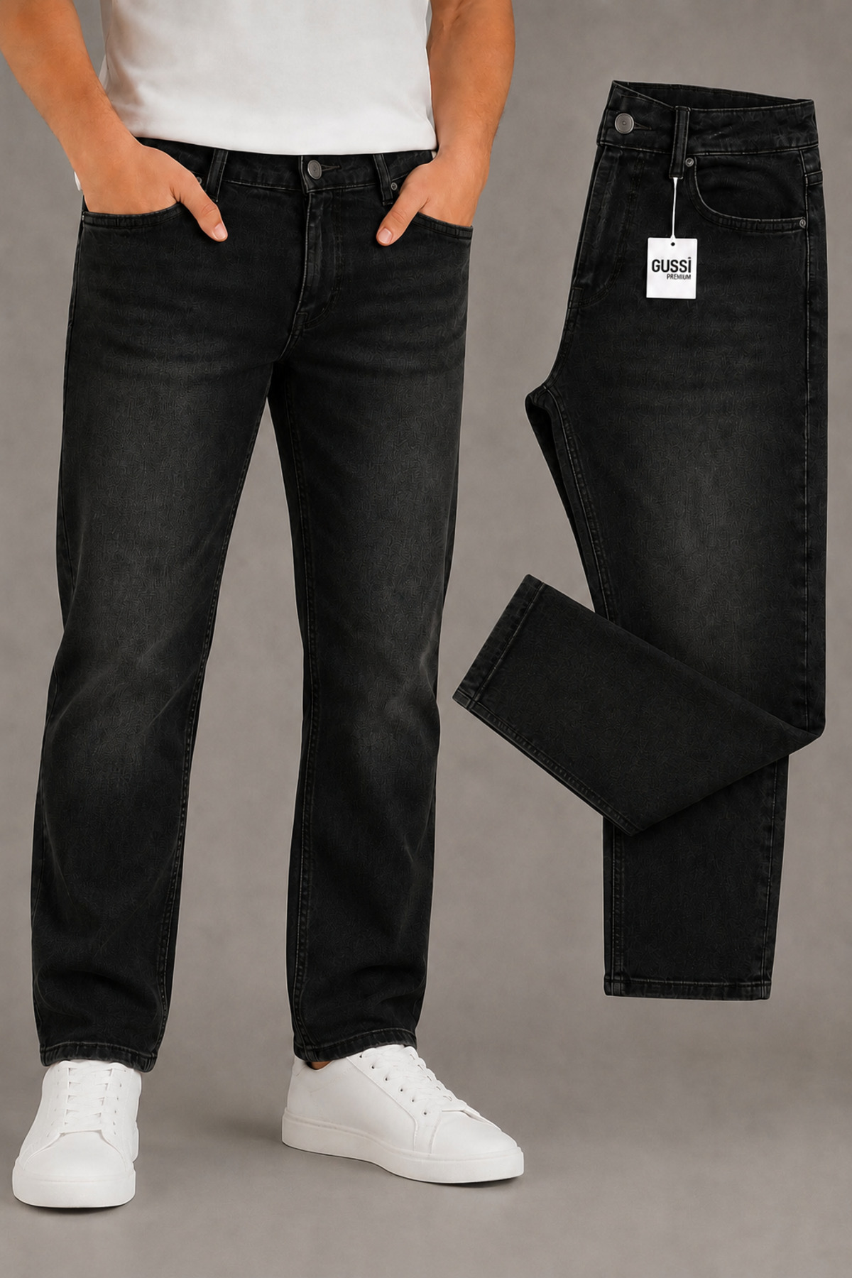 Gussi Erkek Siyah Taşlamalı Regular Boru Paça Esnek Likralı Denim Jeans Kot Pantolon