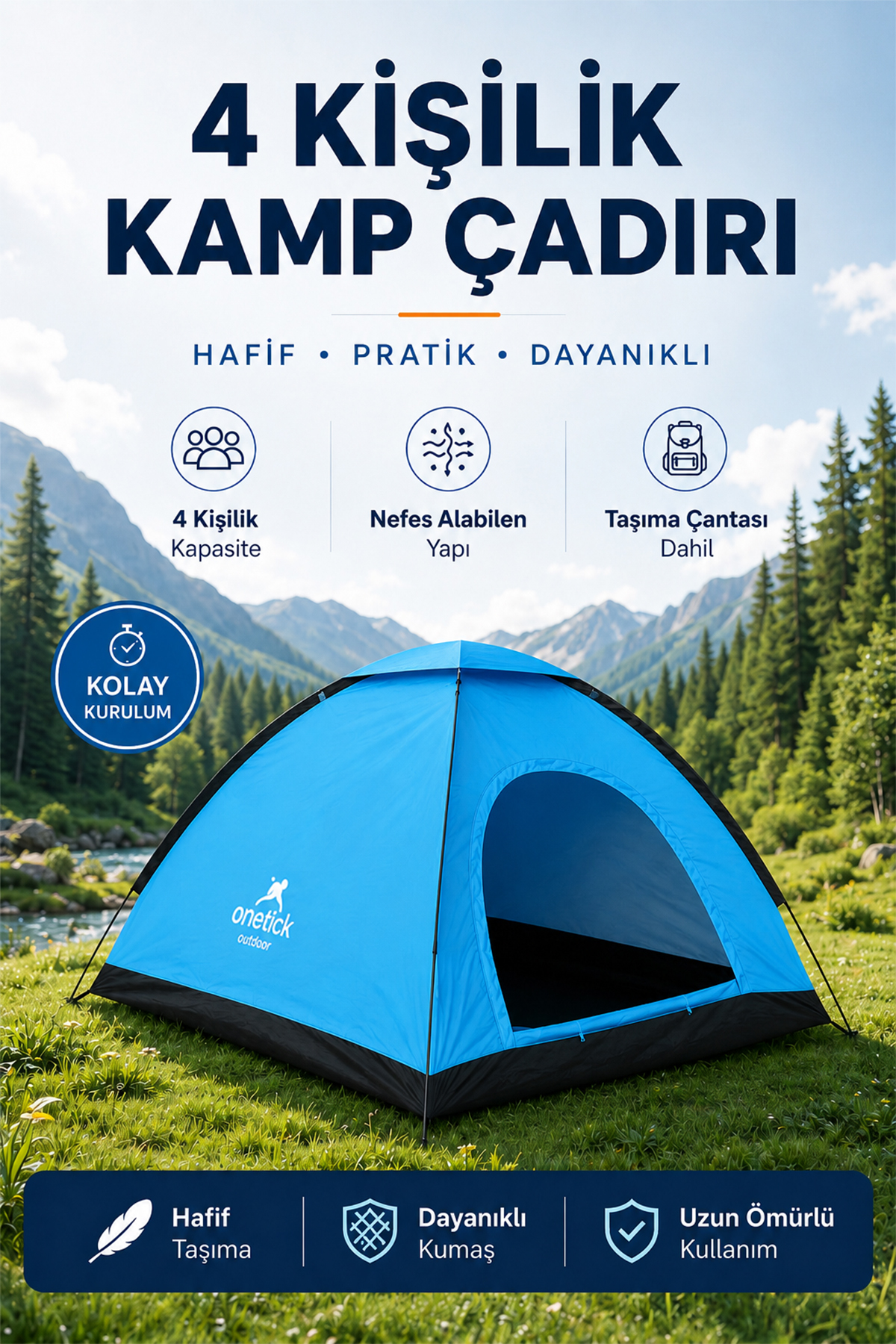 Onetick Renkli Dayanıklı Kamp Çadırı 200x200x135 4 Kişilik