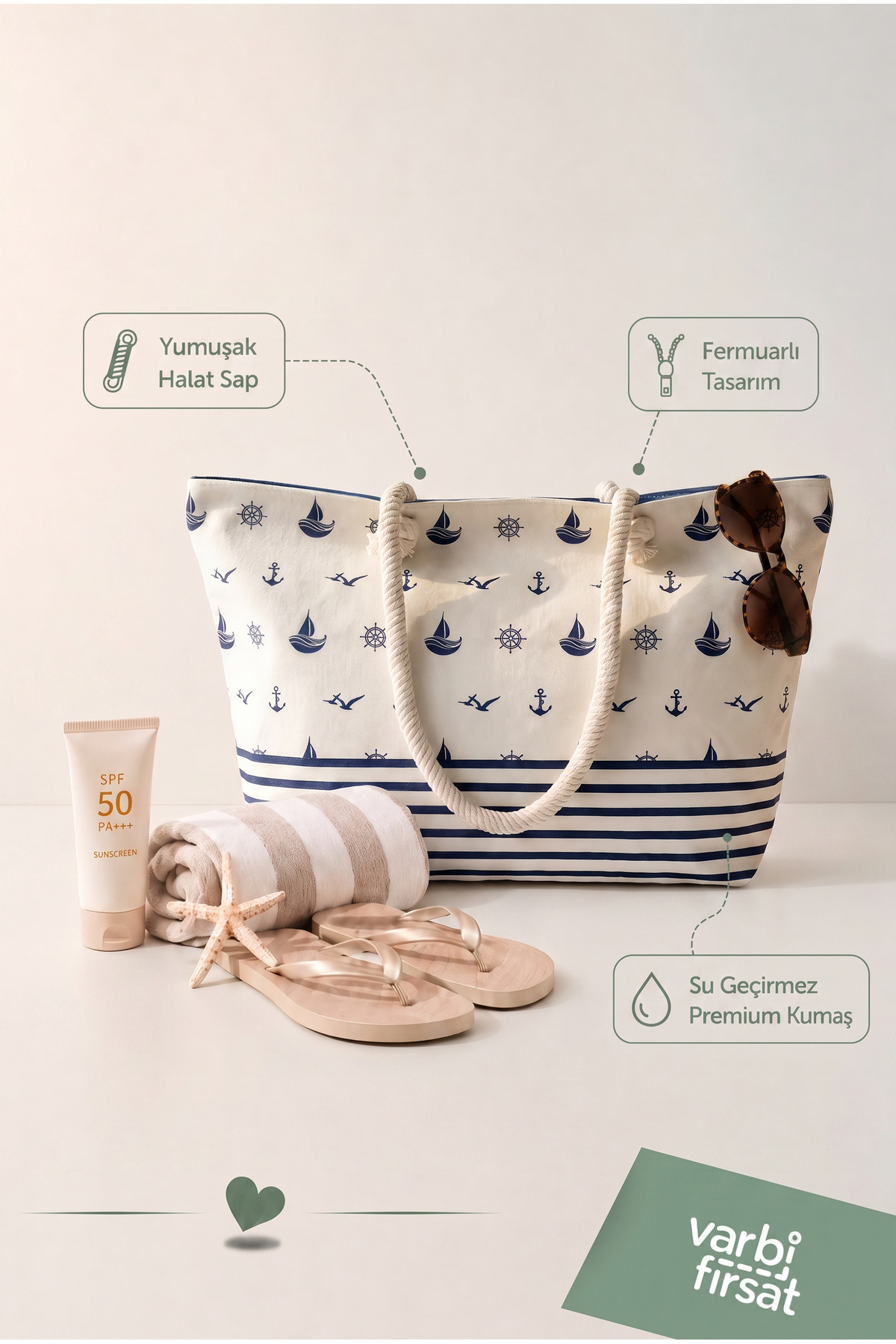 Varbifırsat Tote Plaj Çantası, Fermuarlı Büyük Boy Alışveriş ve Günlük Omuz Çantası 50x30 cm