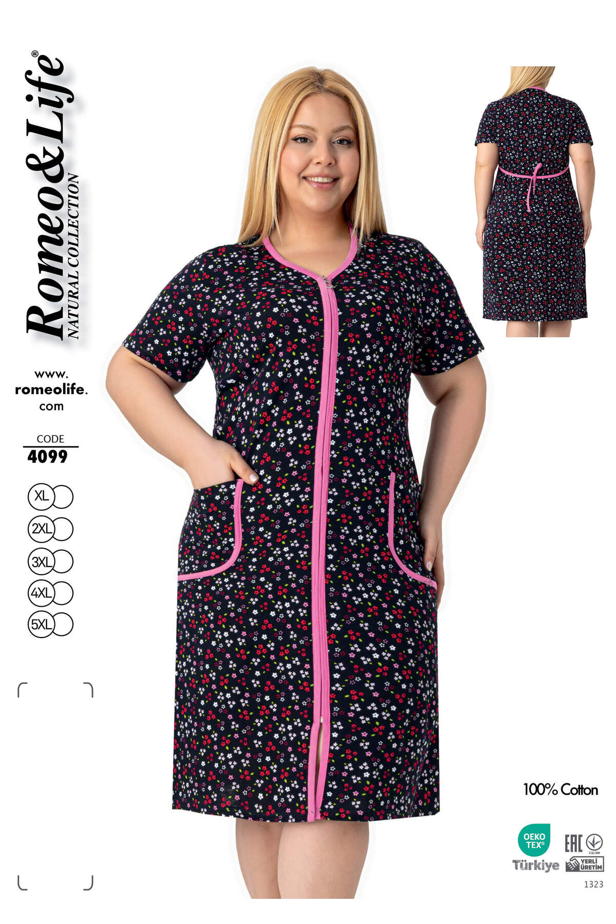 Women's Plus Size 100% Cotton Combed Fabric Zipper Summer Dress / Black-Pink 4099