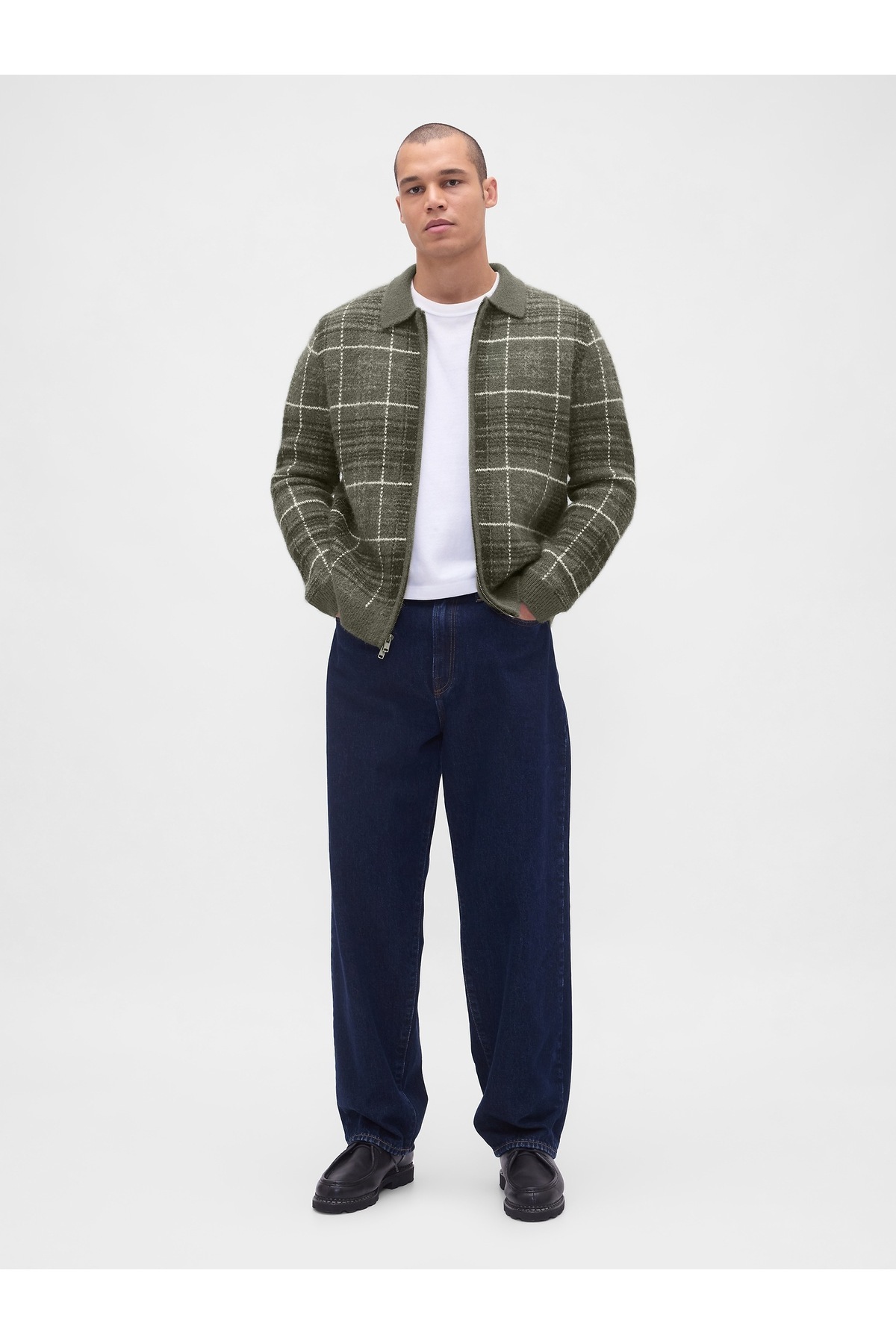GAP Erkek Yeşil Fermuarlı Kareli Brushed Hırka görsel 5