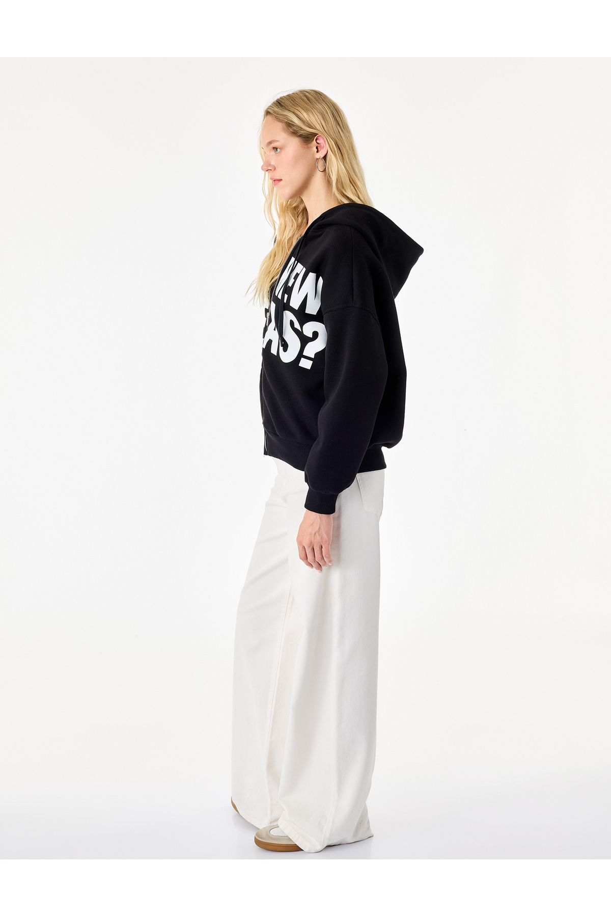 Koton Üç İplik Şardonlu Uzun Kollu Kapüşonlu Baskılı Fermuarlı Oversize Sweatshirt görsel 4