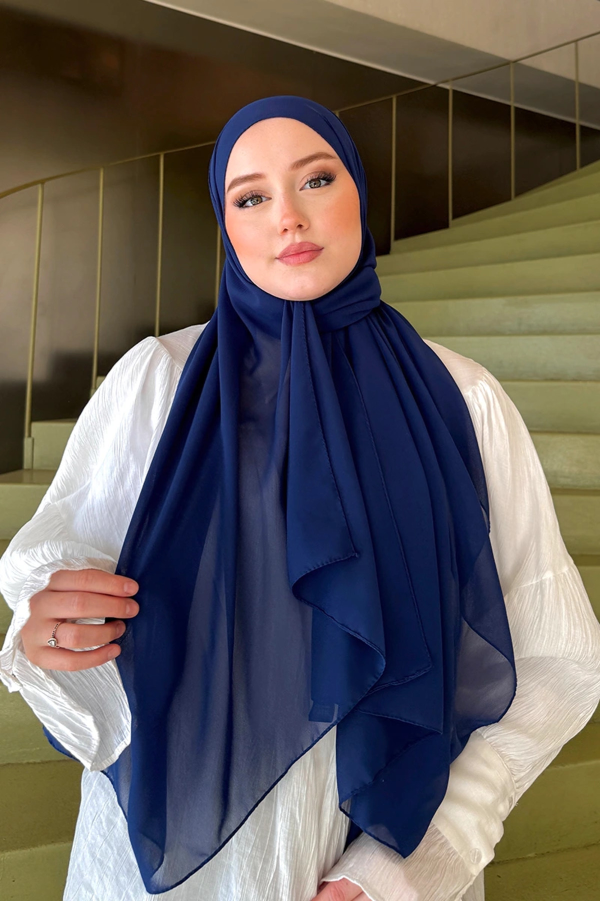 Madame Polo Krep Şifon Şal - Lacivert görsel 2