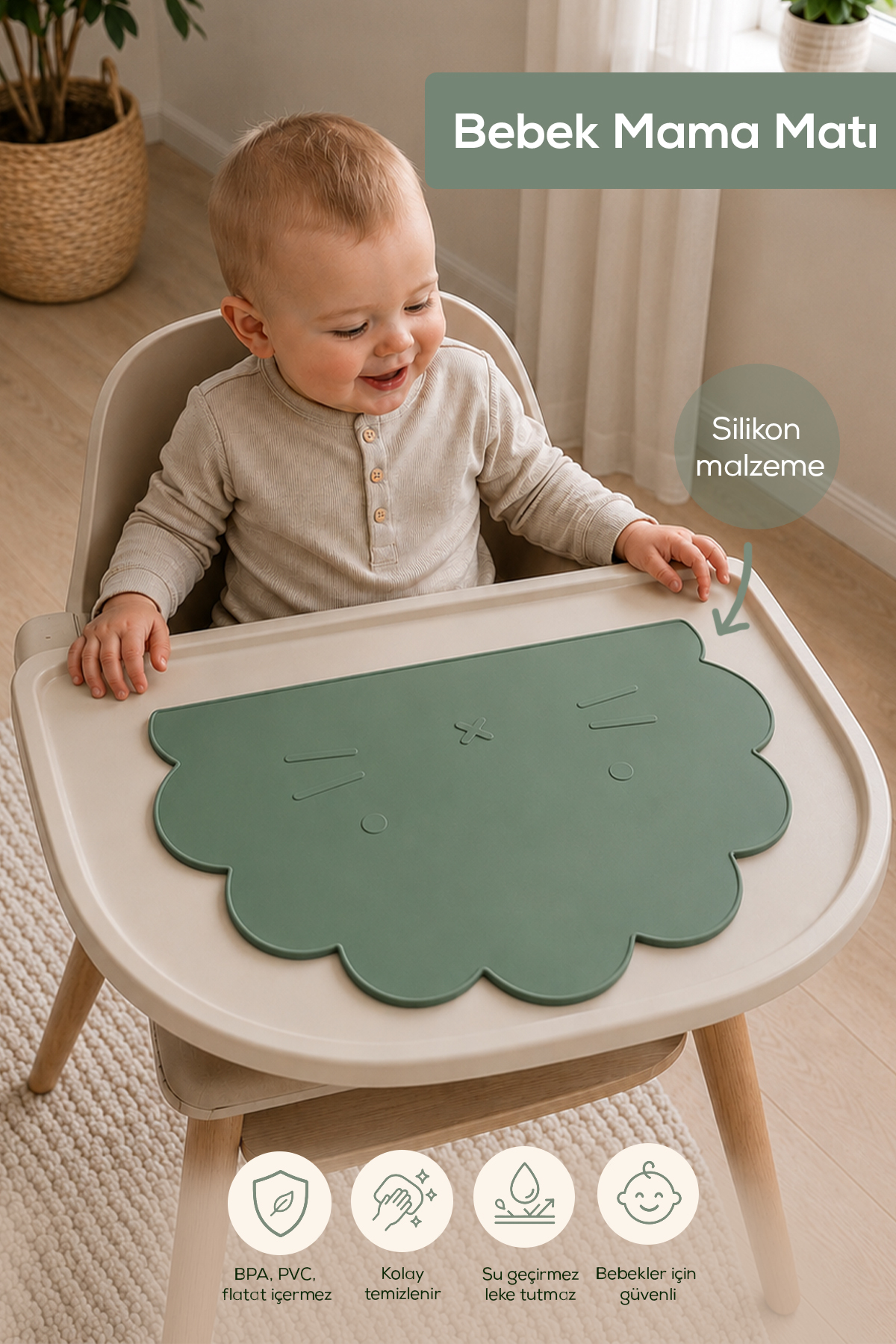 Wumboo Bebek Beslenme Matı-Silikon Bebek Matı, Mama Sandalyesi Beslenme Matı,Silikon Mama Altlığı-Yeşil