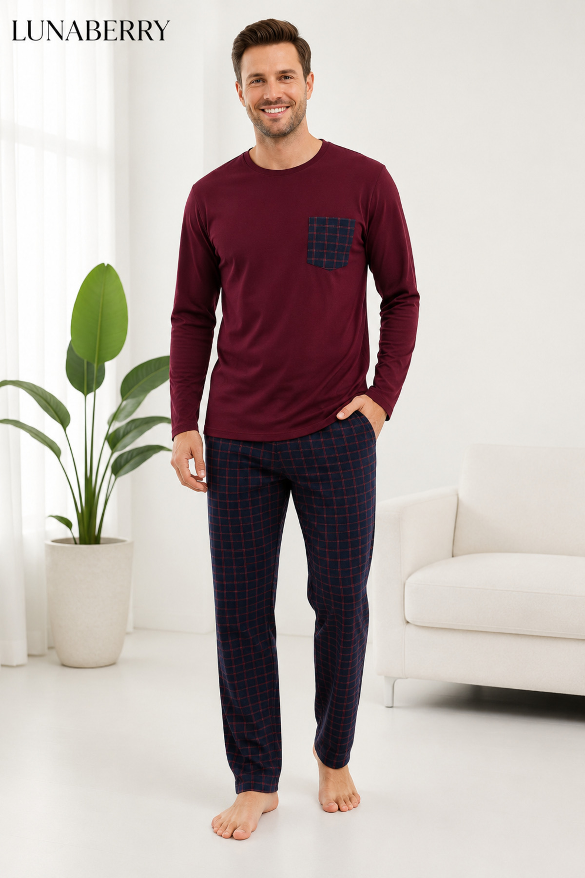 Lunaberry Babalar Günü Erkek Pijama Takımı 100% Pamuk Ekose Desen Uzun Kollu Cepli Mevsimlik Damat Hastane Bayramlık