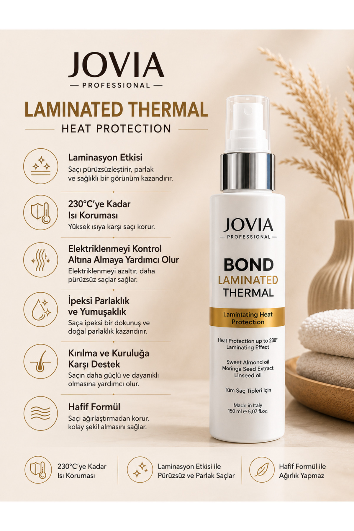 LAMINATED THERMAL - HEAT PROTECTION SPRAY 150 ML - ISI KORUYUCU , Keten Tohumu ve Morınga özü ile — JOVLAM — تصویر 3 از 5