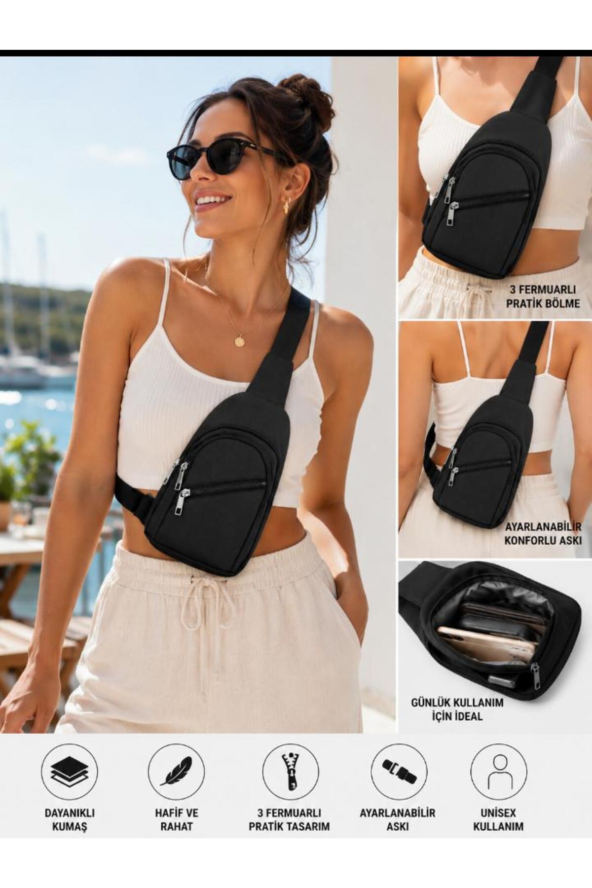 Sofia Unisex Sevgili Çantası Siyah Hediyelik Üniversiteliler Body Bag Çapraz Askılı Omuz Ve Bel Çantası