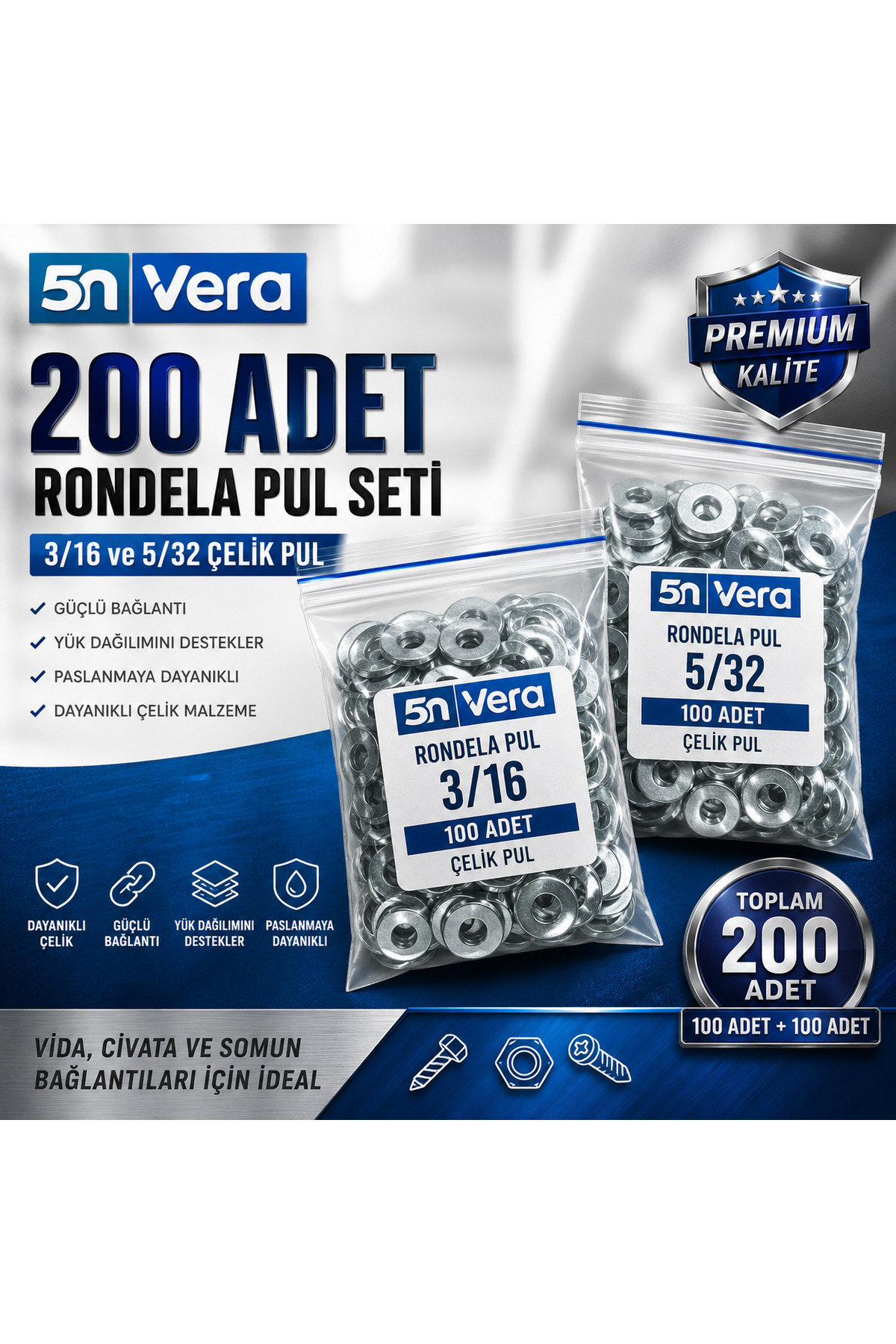5N VERA 200 Adet Rondela Pul Seti | 100 Adet 3/16 + 100 Adet 5/32 Çelik Vida Altı Düz Metal Pul | Tamir, Montaj, Cıvata ve Somun Bağlantı Seti