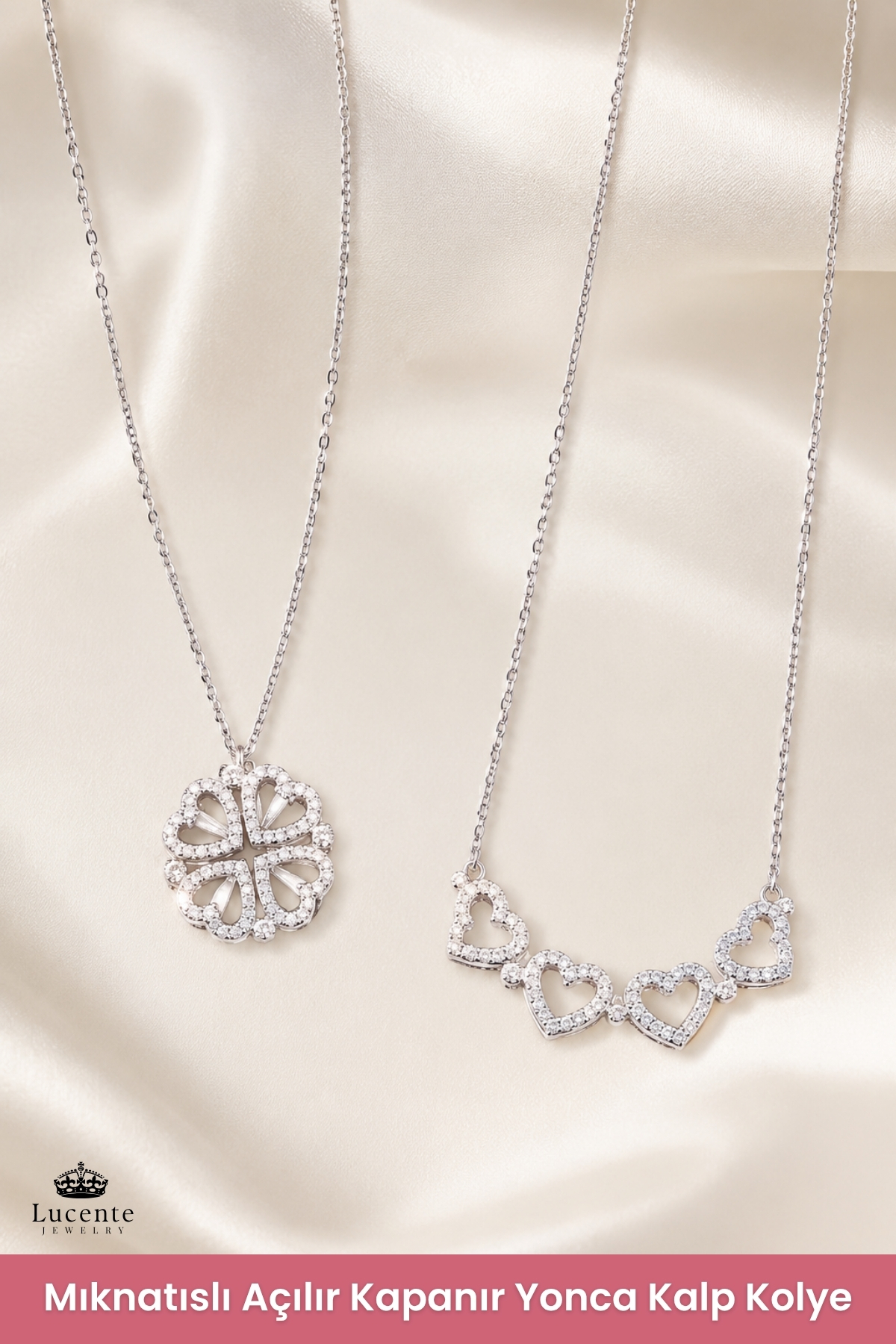 Lucente Jewellery Mıknatıslı Açılır Kapanır Kalp Yonca 925 Ayar Hediyelik Kalpten 4 Yapraklı Yoncaya Dönüşen 2'si 1 Arada Özel Tasarım Gümüş Çift Kullanımlı 45 Cm Zincirli Uğur Bereket Şans Aşk Simgesi Kadın Kolye görsel 2