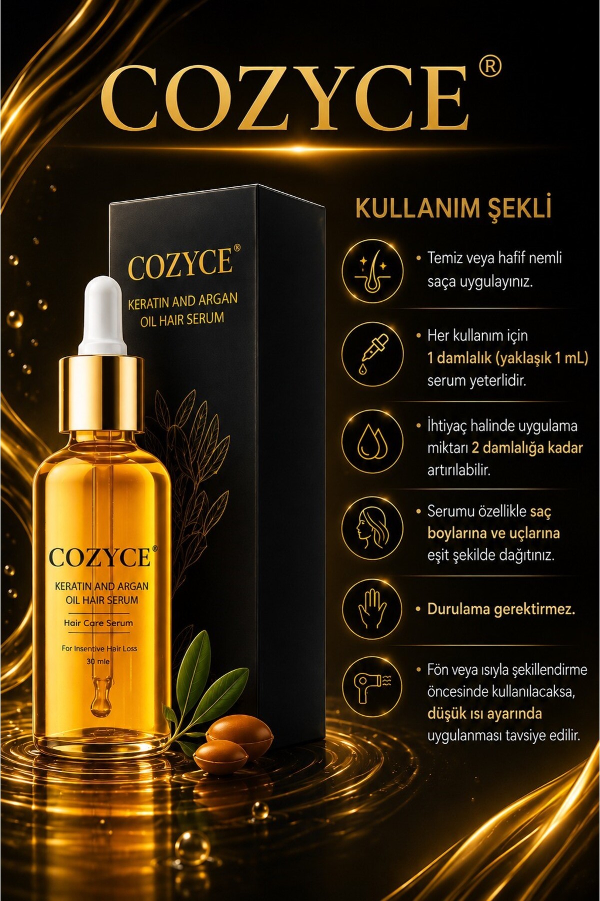 روغن سرم مو برای موهای به شدت آسیب دیده و سوخته - روغن درمانی کراتین و آرگان با رشد سریع 30 میلی لیتر — COZYCE3178 — تصویر 5 از 6