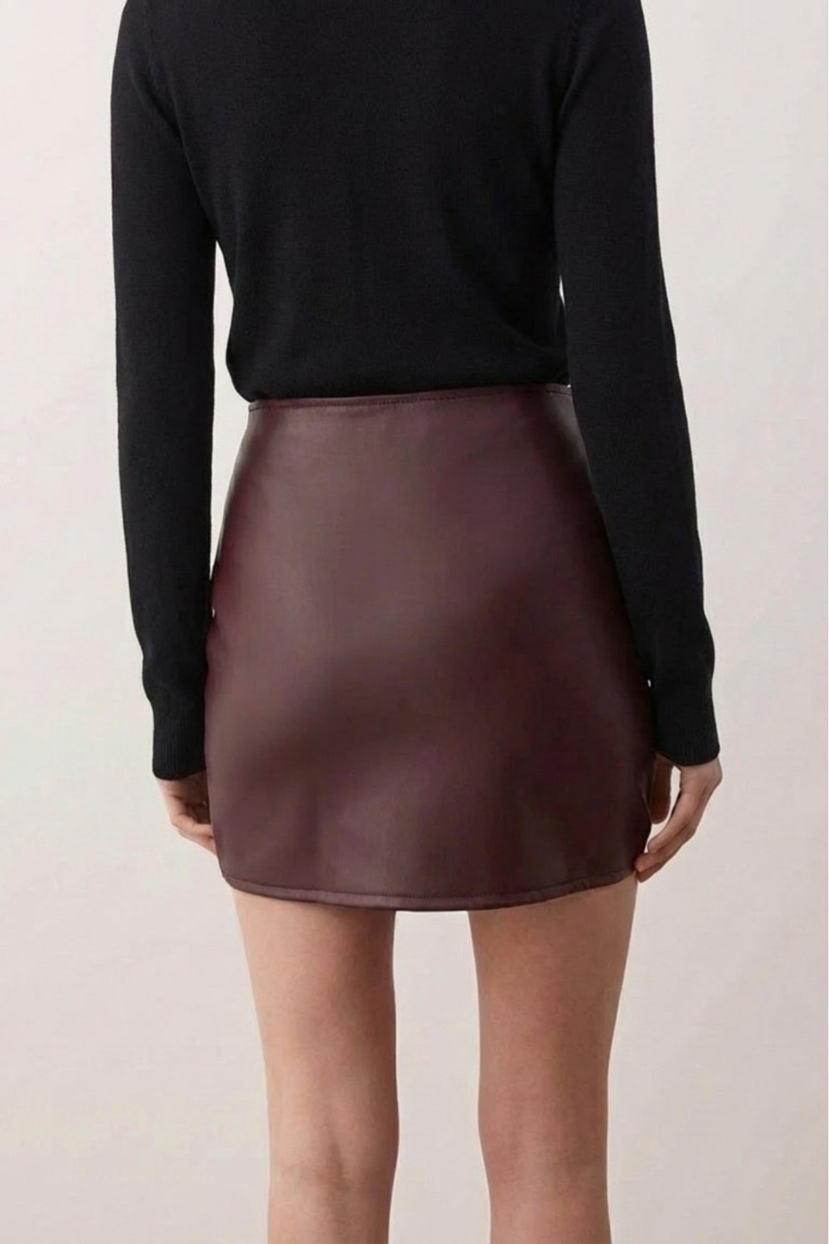 Grenj Fashion Bordo Suni Deri Drapeli Yüksek Bel Vücuda Oturan Örme Şardonlu Mini Etek görsel 8